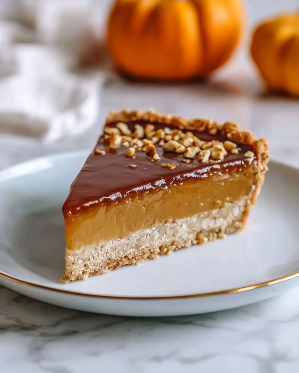 A slice of pie is shown with three visible layers: a light beige crumbly crust at the bottom, a thick smooth caramel-brown filling in the middle, and a shiny darker caramel glaze on top. The top layer includes small clumps of crushed nuts. The pie slice sits on a white plate with a thin gold rim, placed on a white marbled surface. In the blurred background, two small pumpkins and a white cloth are visible. photo taken with an iphone --ar 4:5 --v 7