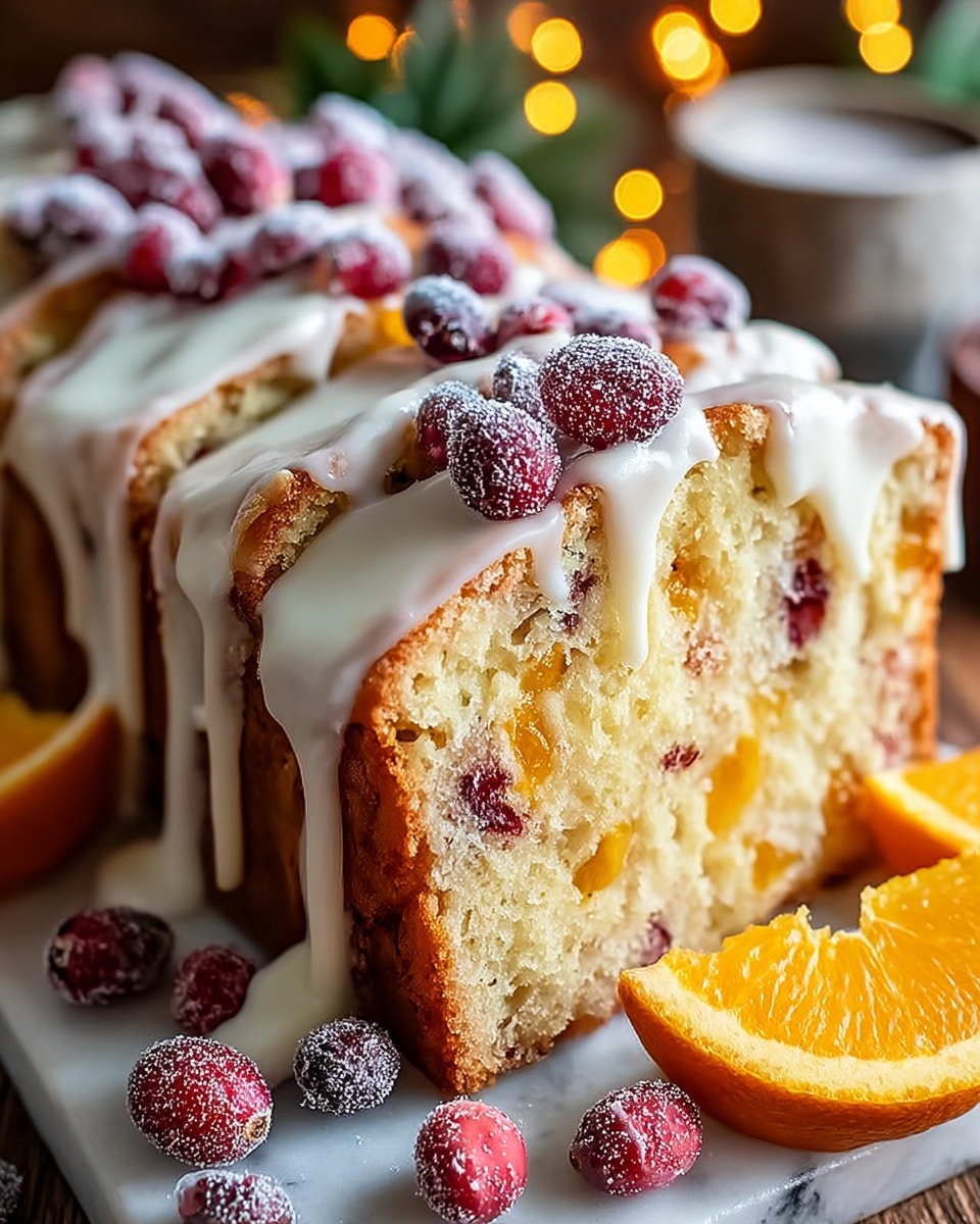 A close-up view of four thick slices of moist cake arranged side by side on a white marbled surface, each slice showing a light yellow crumb with small orange fruit pieces inside. The top of each slice is covered with thick white icing that drips down the sides. Bright red cranberries, some dusted with powdered sugar, are scattered on top and around the cake on the surface. Two orange wedges sit on the right side near the slices, adding a vibrant splash of color. In the blurred background, there are warm golden lights and some out-of-focus objects suggesting a cozy setting. Photo taken with an iphone --ar 4:5 --v 7