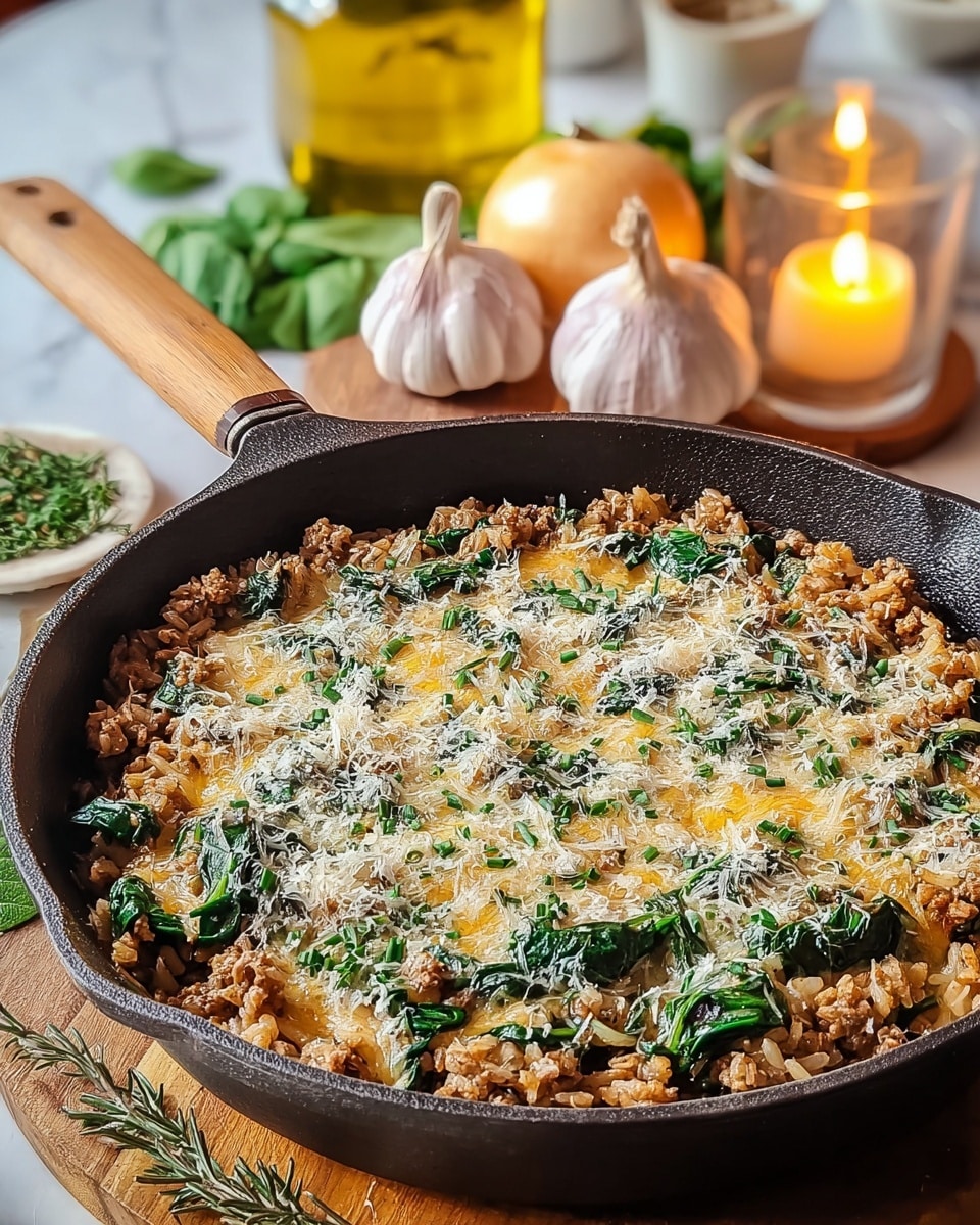 A black cast iron pan with a wooden handle contains a cooked dish made of three visible layers. The bottom layer is a mixture of light brown cooked ground meat and some wild rice grains, covered unevenly with bright green cooked spinach. On top of this, there is a melted layer of light yellow cheese scattered with finely chopped green herbs. The dish is sprinkled with white grated cheese on the top. The pan rests on a wooden surface with garlic bulbs, green herbs, a bottle of olive oil, and a lit candle blurred in the background, all set against a white marbled texture. photo taken with an iphone --ar 4:5 --v 7