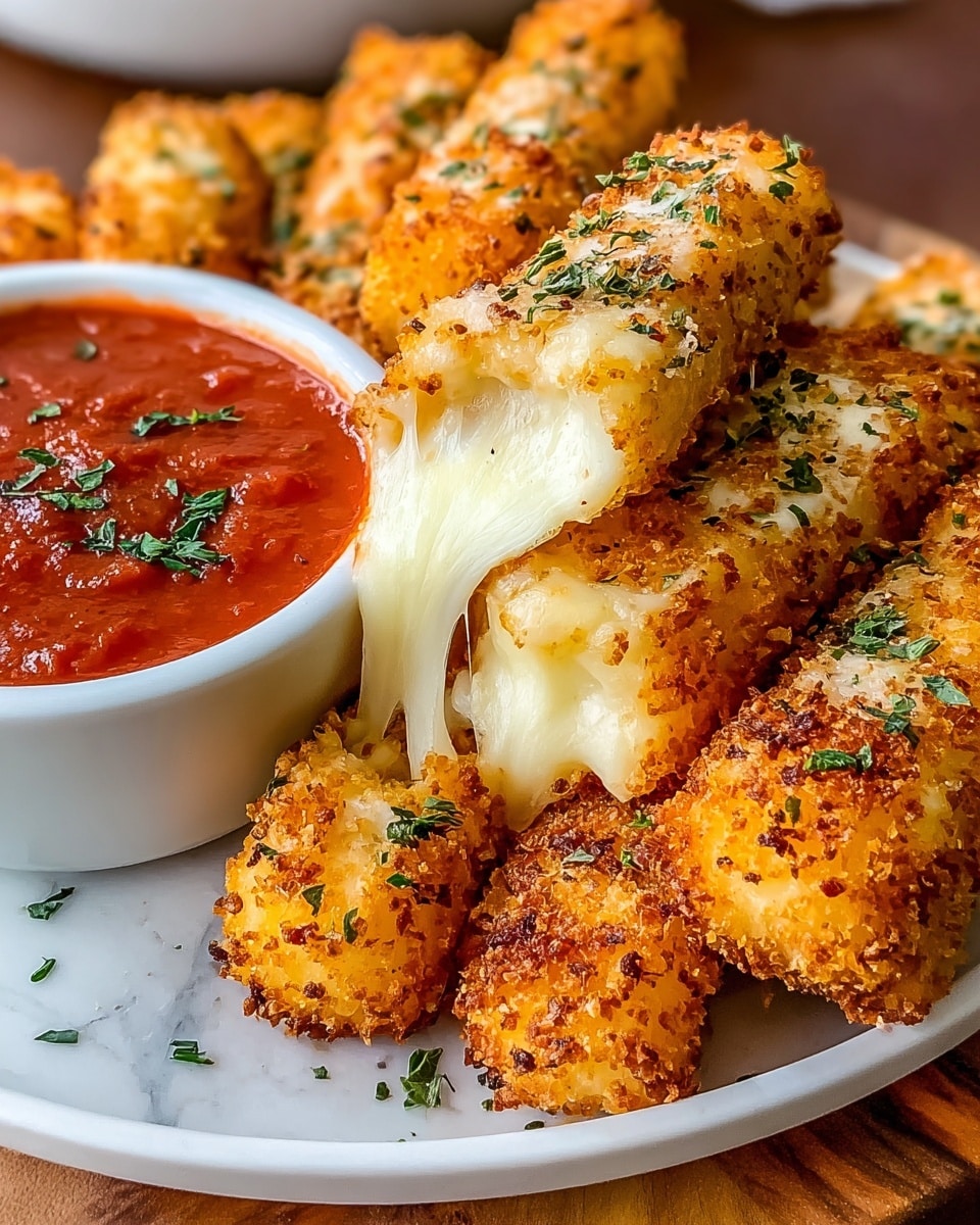 A close-up view of several golden brown mozzarella sticks arranged on a white plate, each coated with a crispy, textured breadcrumb layer speckled with herbs on top. One mozzarella stick in the center is being pulled apart, showing soft, white, stretchy melted cheese inside. To the left side of the plate, there is a small white bowl filled with red marinara sauce garnished with dried herbs. The surface beneath the plate is a white marbled texture. photo taken with an iphone --ar 4:5 --v 7
