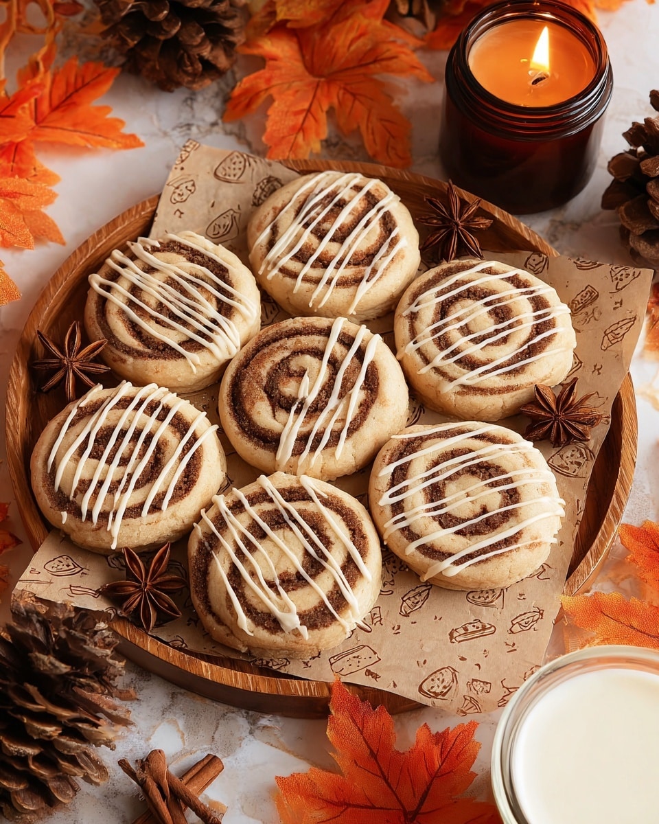 A round wooden tray holds eight cinnamon swirl cookies arranged neatly on a brown paper with cute muffin and bear drawings. Each cookie has two layers: a light beige dough swirl mixed with a cinnamon brown swirl, some decorated with thin white icing stripes diagonally across the top. Around the tray are several brown pine cones, bright orange autumn leaves, and star anise spices. A brown candle jar with a small flame is placed near the top right corner of the tray, and a white glass bowl filled with cream is visible at the bottom right corner. The background is a white marbled texture. Photo taken with an iphone --ar 4:5 --v 7