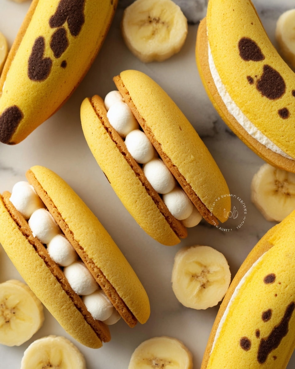The image shows five banana-shaped cookies arranged on a white marbled surface. Each cookie has a bright yellow color with light brown grill marks for texture, looking like the peel of a banana. Between the two cookie layers, there is a thick layer of white cream filling that peeks out slightly. Around the cookies, there are a few banana slices and some whole bananas placed casually. In the top center, a small glass container holds a white liquid, likely milk or cream. The overall setup looks bright and fresh with a soft, natural light. photo taken with an iphone --ar 4:5 --v 7