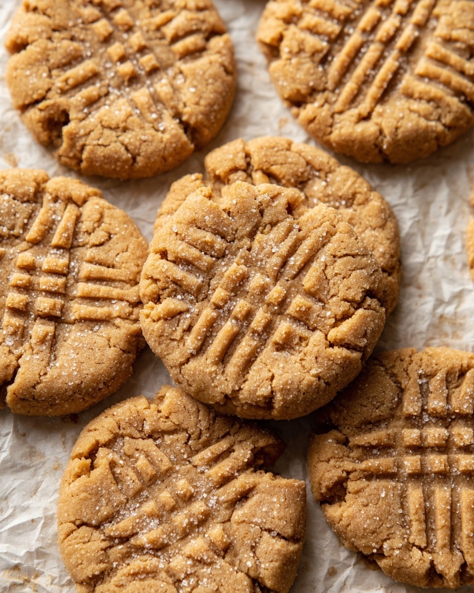 A stack of five soft, round peanut butter cookies sits on crinkled brown parchment paper atop a white marbled surface. Each cookie has a light brown color with a slightly rough texture and a crisscross fork pattern pressed on the top. The top cookie has a bite taken out of it, showing its soft interior with a slightly crumbly texture. In the background, there is a small white bowl filled with smooth peanut butter and another cookie lying flat, slightly out of focus. Photo taken with an iphone --ar 4:5 --v 7
