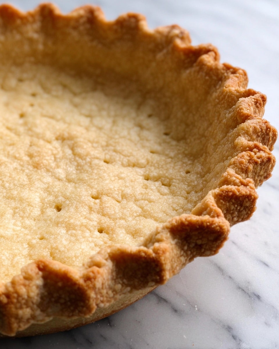 A close-up of a golden brown pie crust with a crimped edge, showing a slightly rough and flaky texture with small holes pricked in the bottom. The crust has an even, warm light brown color with some darker toasted spots along the edge, sitting on a white marbled surface. The photo taken with an iphone --ar 4:5 --v 7