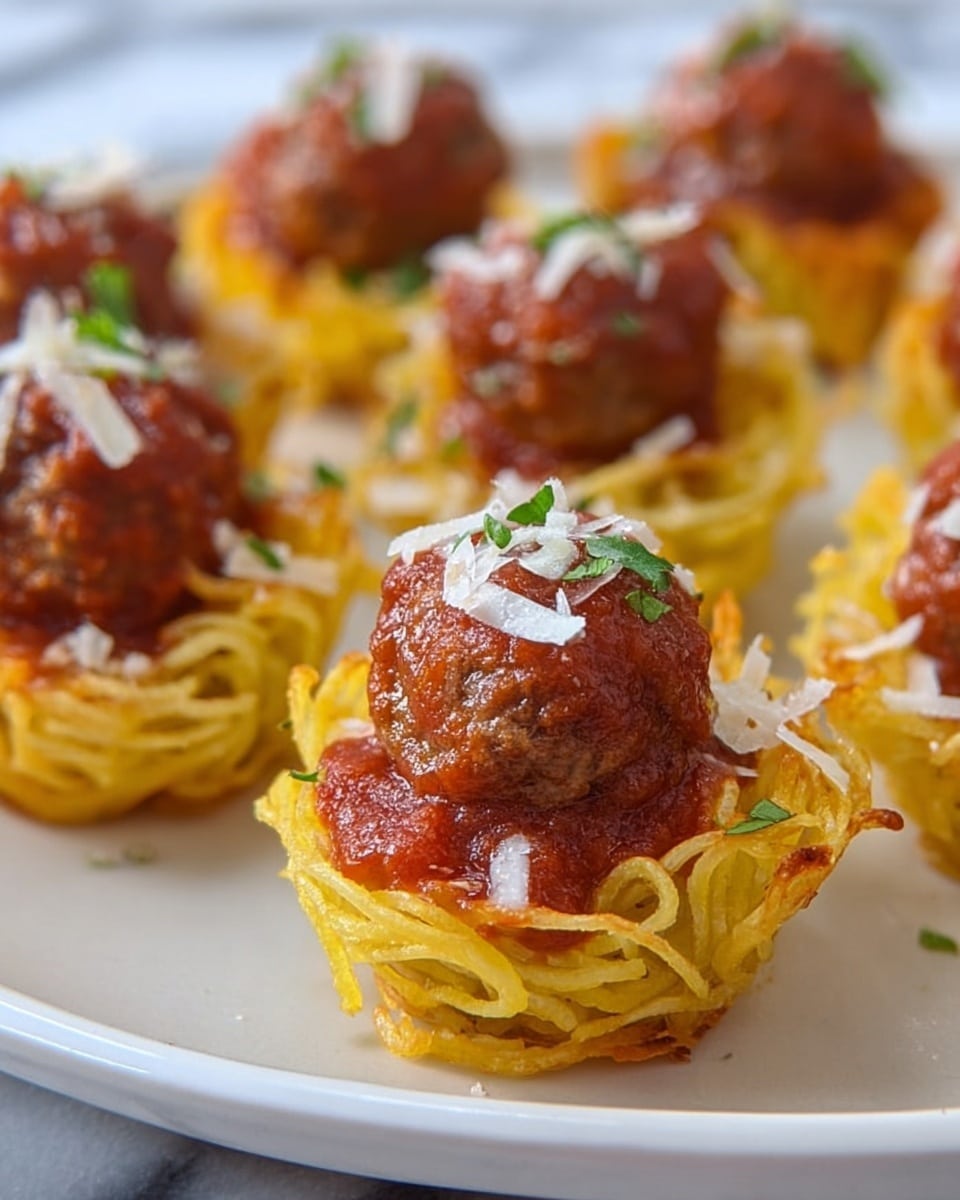 This image shows a metal baking tray with twelve small nests made of baked, golden-yellow pasta strands. Each nest is formed by thin pasta shaped into a circular, slightly raised pile inside the round cups of the tray. The pasta is mostly soft with some slightly crispy, browned edges, giving a textured look with a mix of straight and curled pasta strands. The tray is placed on a white marbled surface, adding a clean and bright background to the warm tone of the pasta nests. photo taken with an iphone --ar 4:5 --v 7