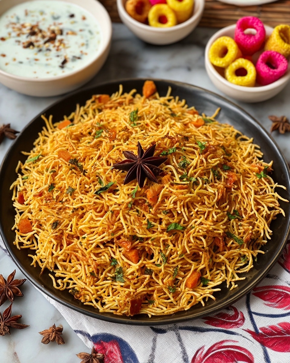 A round plate filled with a generous layer of golden-yellow spiced noodles mixed with small pieces of red tomato and green herbs, creating a vibrant textured surface. In the center of the noodles lies a single dark brown star anise acting as a decorative spice. The plate is placed on a white marbled surface with a patterned cloth partially visible beneath it. To the top right, there is a white bowl holding a creamy white sauce sprinkled with brown spices, and next to it, another white bowl contains colorful ring-shaped snacks. Photo taken with an iphone --ar 4:5 --v 7