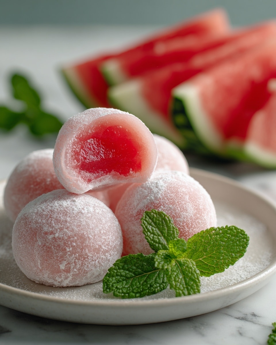 A white plate holds four round mochi balls that are pale pink and dusted with white powder, giving them a soft, matte texture. One mochi ball is cut open, showing a vibrant red, jelly-like inside. The plate also features a few bright green mint leaves for decoration. In the background, blurred slices of watermelon with rich red flesh and green rind add a fresh touch, all set on a white marbled surface. photo taken with an iphone --ar 4:5 --v 7