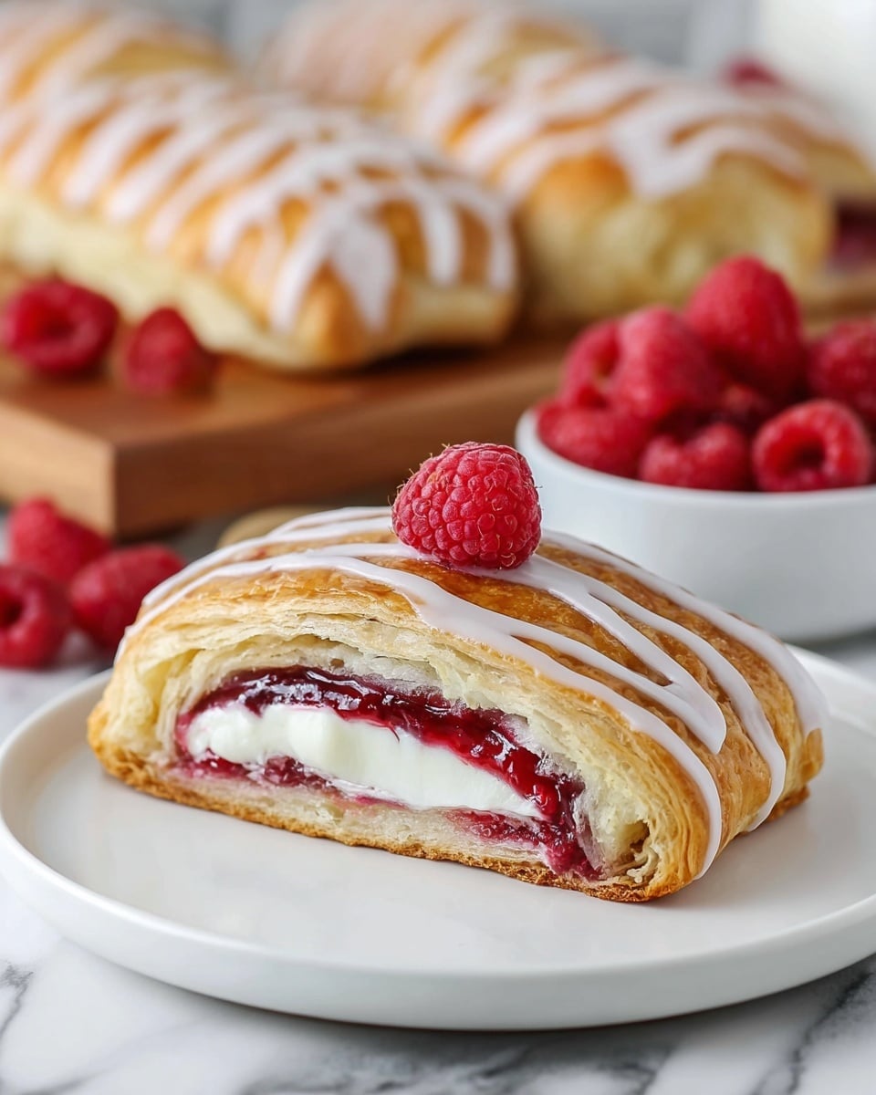 A single slice of a pastry roll is placed on a stack of three white plates with a white marbled surface underneath. The pastry has a golden brown, flaky outer layer with white icing drizzled in stripes on top. Inside, there are three visible layers: the top flaky golden crust, a thick middle layer of deep red raspberry filling mixed with some jam texture, and a bottom creamy white cheese layer. On top of the slice sits a bright red raspberry, and two more raspberries rest on the plate beside it. In the blurred background, more slices of the same pastry are on a wooden board, each topped with white icing and raspberries, and a white bowl filled with raspberries is partially visible. photo taken with an iphone --ar 4:5 --v 7