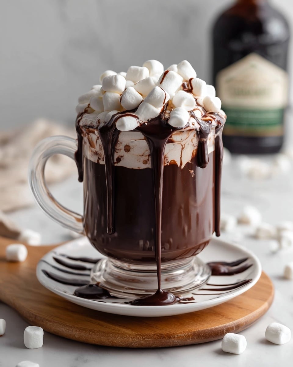 A clear glass mug filled with thick, dark hot chocolate forms the first layer, topped with a thick layer of white mini marshmallows spilling slightly over the rim. Rich, glossy dark chocolate sauce drips down from the marshmallows and over the sides of the mug, creating shiny streams and pooling slightly on the white plate below. The mug sits on a white plate with chocolate drizzle accents, placed on a wooden board, all set on a white marbled surface. Scattered mini marshmallows surround the plate, and a bottle with a dark label is blurred in the background. photo taken with an iphone --ar 4:5 --v 7
