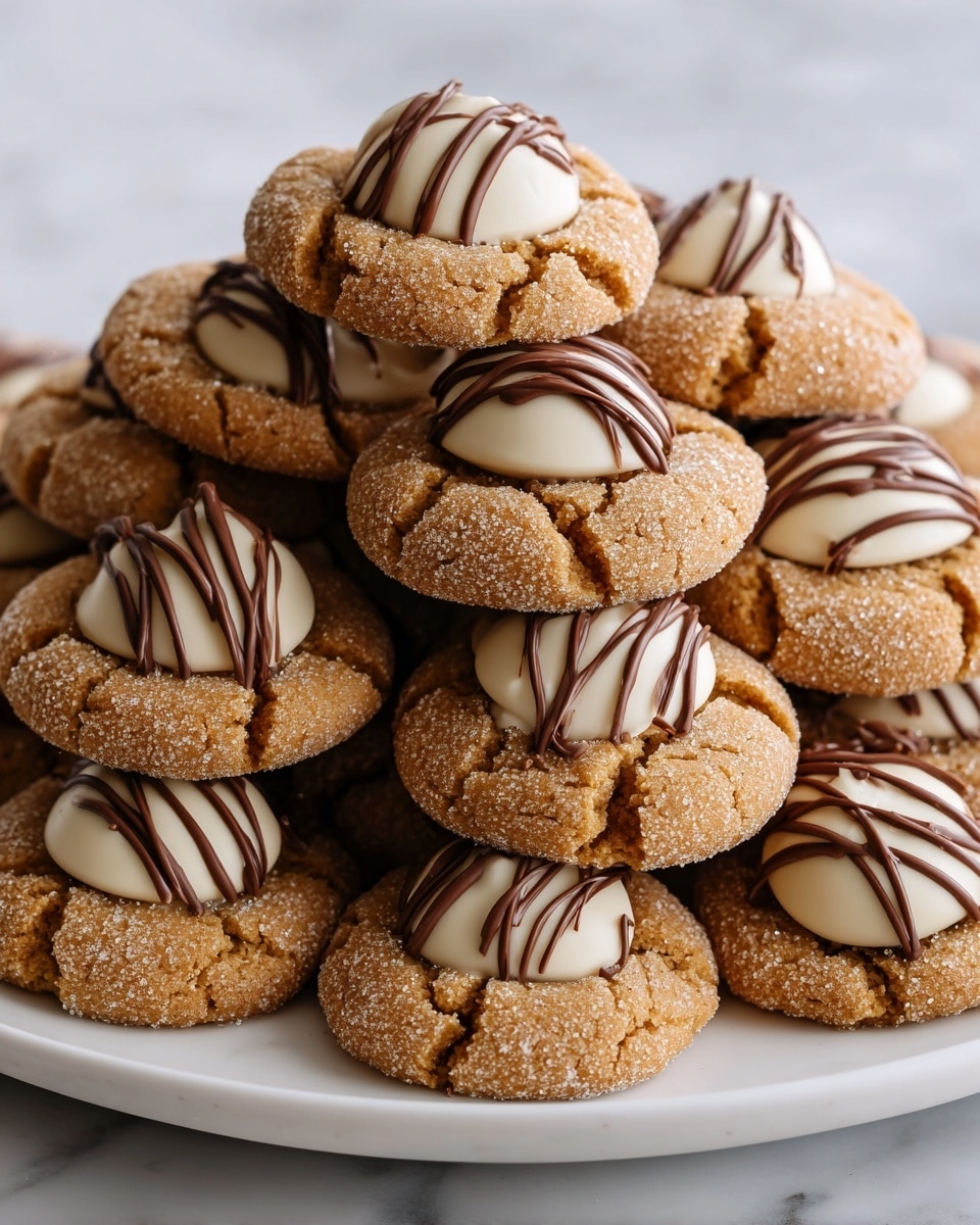 The image shows a grid of round cookies with a rough, light brown texture coated with sugar crystals, arranged in five rows on a metal cooling rack. Each cookie holds a single white-and-dark striped candy ball pressed neatly into its center, creating a striking contrast between the golden cookie base and the smooth, shiny candy on top. In the background, there is a white bowl with candy wrapped in silver foil and a stack of white plates with more cookies, all set against a white marbled texture surface. photo taken with an iphone --ar 4:5 --v 7