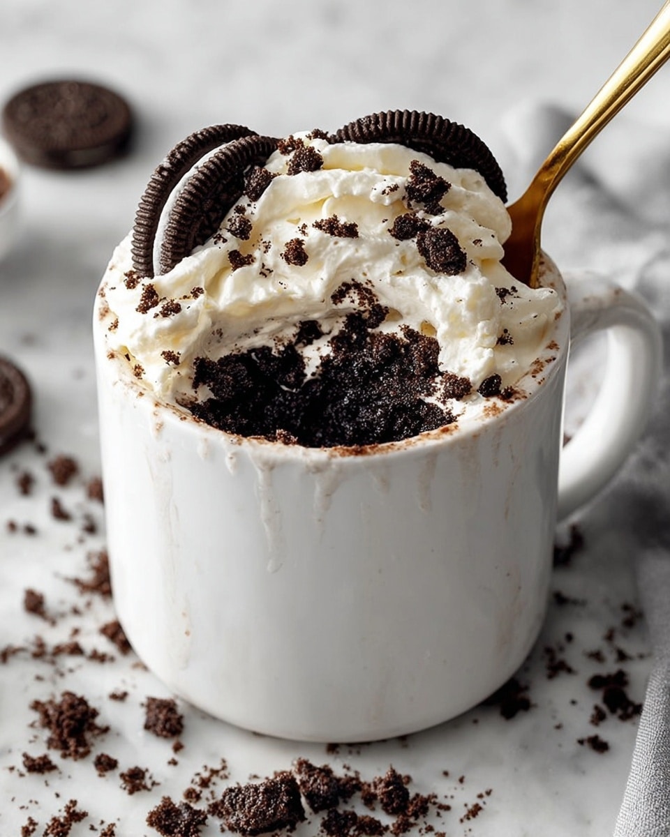 A white mug filled with a layered dessert or drink, starting with a dark, crumbly layer likely made of crushed chocolate cookies at the bottom, topped by a thick, fluffy layer of white whipped cream reaching the rim. On the whipped cream, there are pieces of whole and crumbled chocolate sandwich cookies scattered, some embedded in the cream, adding texture and contrast. A gold spoon is placed inside the mug on the right side. The mug sits on a white marbled surface with some cookie crumbs around, creating a cozy and inviting scene. photo taken with an iphone --ar 4:5 --v 7