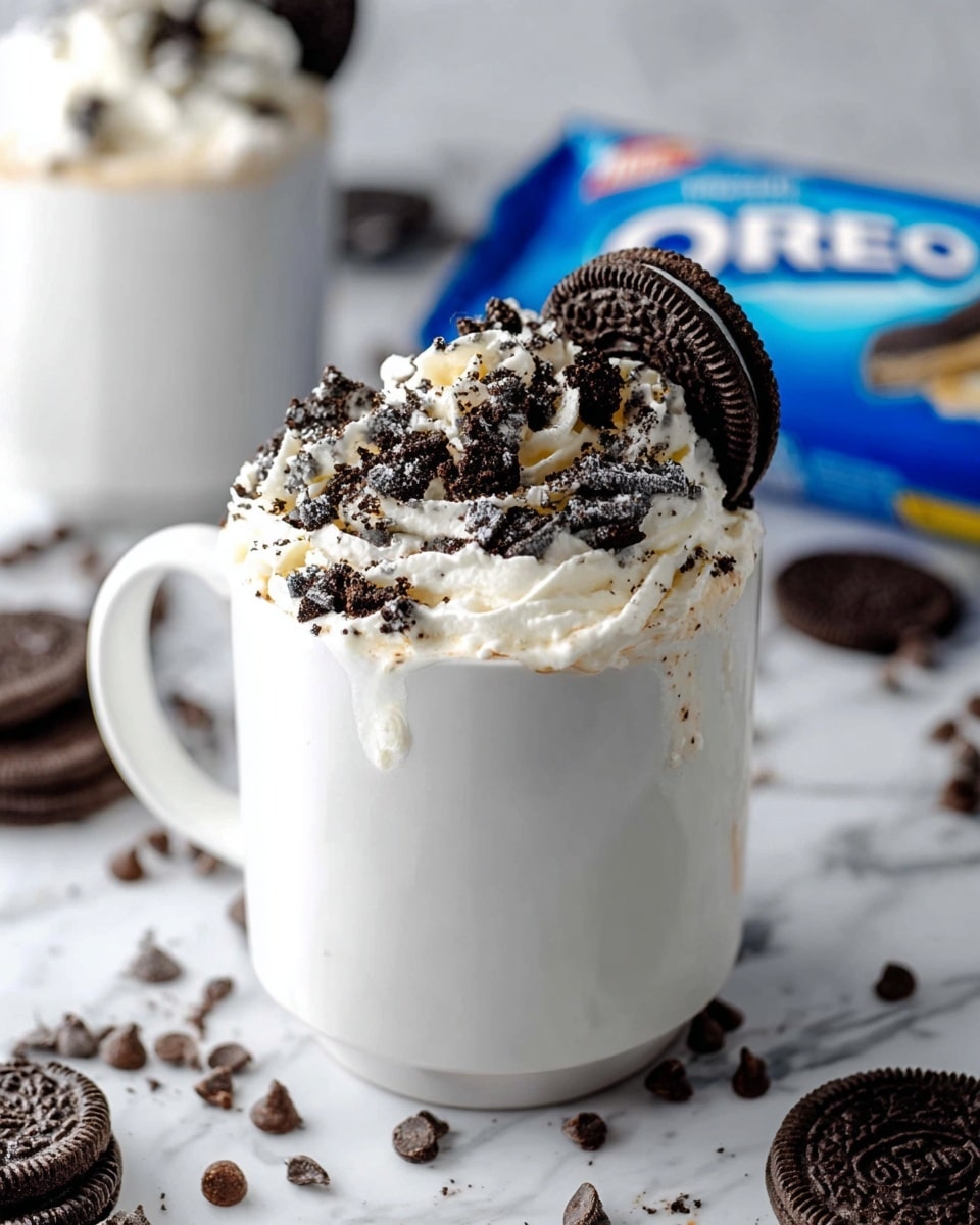 A white mug sits on a white marbled surface, filled with a drink topped with a thick layer of white whipped cream. On top of the whipped cream are large chunks and crumbs of dark chocolate cookies with cream filling, including a half cookie placed upright near the edge. Surrounding the mug are scattered cookie pieces, whole chocolate cookies, and small chocolate chips. In the background, a blurred blue Oreo package and another white mug with a similar topping are visible. Photo taken with an iphone --ar 4:5 --v 7