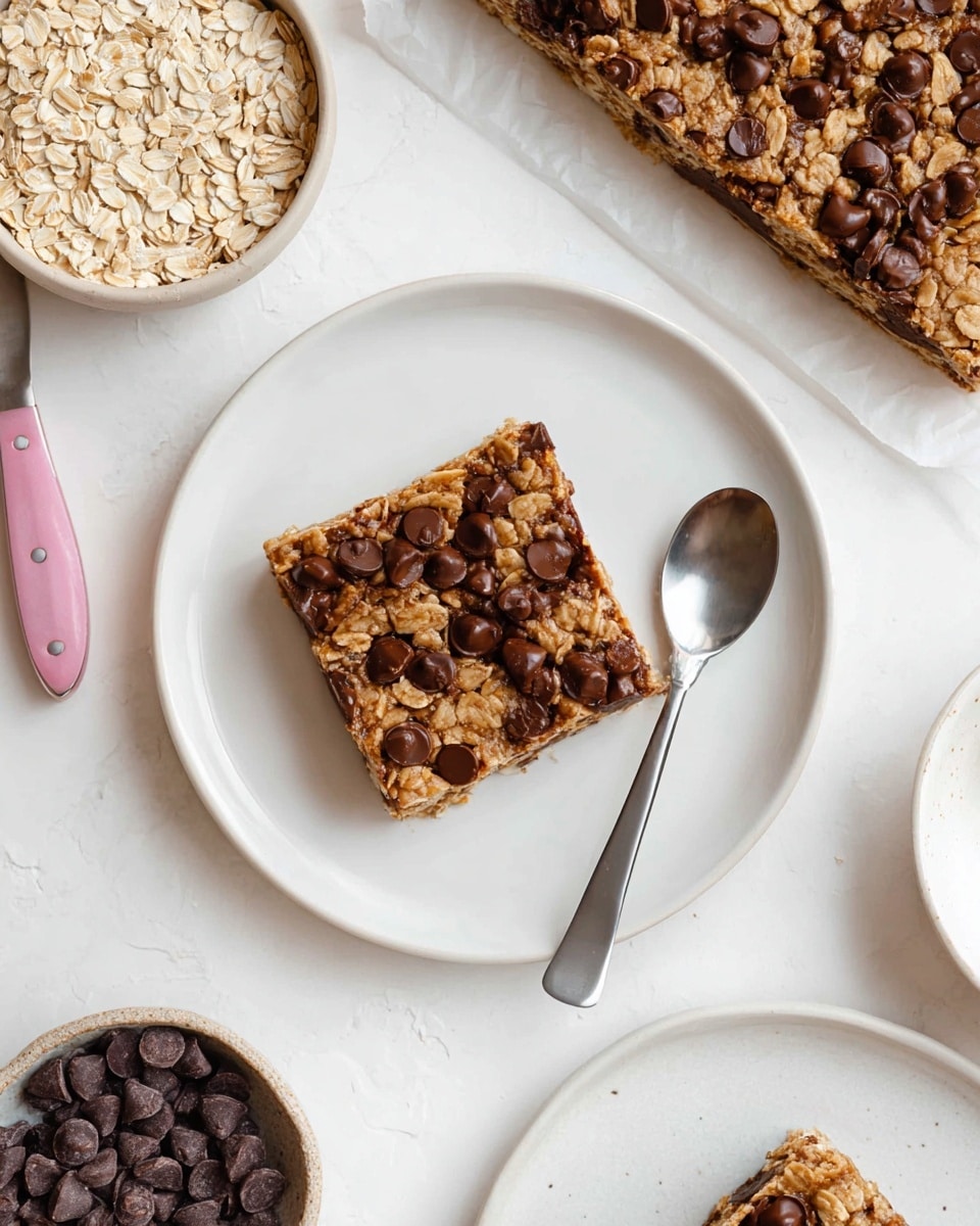 A single square oatmeal chocolate chip bar sits on a white plate, showing a textured top layer with oats and multiple melted chocolate chips in dark brown tones. The bar has a rough, slightly crumbly edge, and its color is a mix of golden brown and darker brown spots from the chocolate. Next to the bar, a sleek spoon with a silver round head and slim black handle rests on the plate’s right side. Surrounding the plate are a larger piece of the same oatmeal chocolate bar partially cut with a pink-handled knife, a bowl filled with light beige rolled oats, and another bowl holding dark chocolate chips, all placed on a white marbled textured surface. Photo taken with an iphone --ar 4:5 --v 7