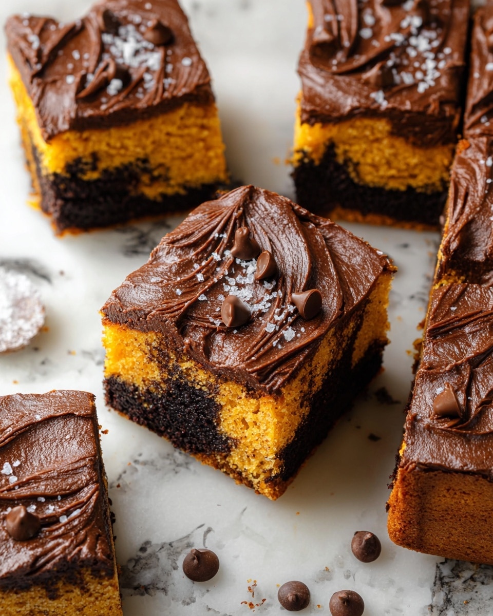 This image shows six square pieces of marble cake with two main layers: a bright orange layer and a dark chocolate layer mixed unevenly inside. On top, there is a thick, smooth dark chocolate frosting spread with visible swirls, decorated with small dark chocolate chips and a few flakes of sea salt scattered. The cake pieces are placed on a white marbled surface with some chocolate chips scattered around. The texture of the cake looks moist and soft, and the frosting glossy and rich. photo taken with an iphone --ar 4:5 --v 7