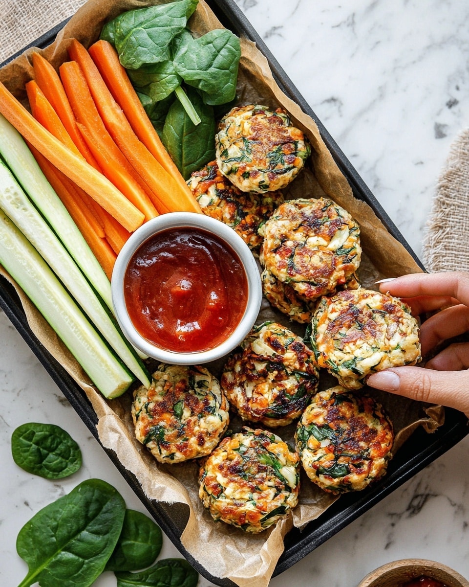 A black tray lined with brown parchment paper holds two groups of food: on the left, layered long sticks of orange carrot and green zucchini with white insides, and on the right, a dozen small round patties, golden brown with green spinach bits and some orange pieces mixed in. In the center of the tray is a small white bowl filled with red sauce, with one patty being dipped into it by a woman's hand, showing skin with visible veins and nails. Around the tray, there are fresh green spinach leaves scattered on a white marbled texture. Photo taken with an iphone --ar 4:5 --v 7