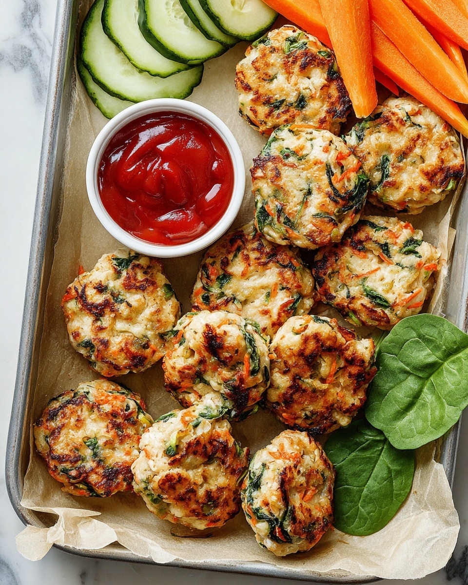 A tray lined with parchment paper holds a dozen small round patties with a golden-brown, slightly crispy outer layer, showing green spinach bits and orange carrot shreds mixed throughout the light beige chicken base; the patties are arranged around a small white bowl of smooth, bright red ketchup in the center. To the left side, fresh carrot sticks and cucumber slices are neatly placed, and a single fresh spinach leaf rests near the top right of the tray, all set on a white marbled surface. photo taken with an iphone --ar 4:5 --v 7