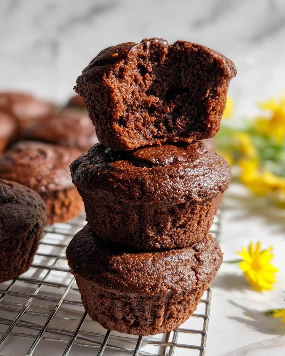 The image shows a stack of three rich chocolate muffins on a metal cooling rack placed on a white marbled surface. The bottom two muffins are whole with a slightly cracked, glossy dark brown top and a textured, moist crumbly exterior. The top muffin is split in half, placed upside-down on the second muffin, revealing a dense, soft, and slightly gooey interior with visible chocolate bits. Around the stack, more whole muffins can be seen blurred in the background, and small yellow flowers are placed near the bottom right. The bright natural light highlights the muffins’ moist texture and deep chocolate color. photo taken with an iphone --ar 4:5 --v 7