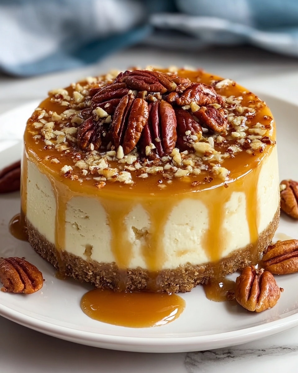 A small round cheesecake is shown on a white plate sitting on a white marbled surface. The cheesecake has three layers: a thin brown crumbly crust at the bottom, a thick creamy white middle layer, and a shiny golden caramel glaze on top that drips down the sides. The top layer is decorated with several whole pecans clustered in the center and finely chopped nuts sprinkled across the caramel glaze. Additional pecans and caramel sauce spread around the base of the cheesecake on the plate. Photo taken with an iphone --ar 4:5 --v 7