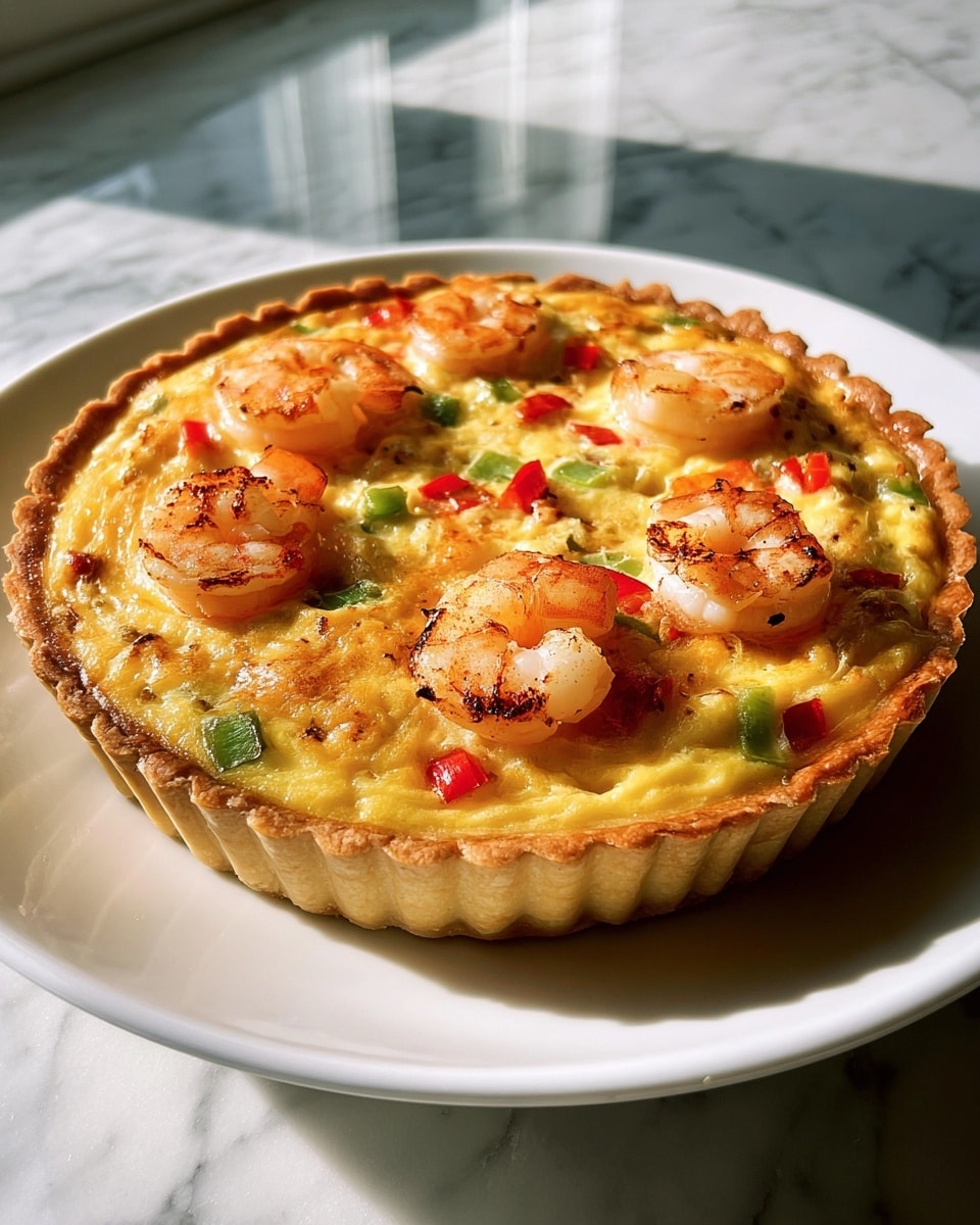 A golden brown pie with a thick, crimped crust holds a creamy yellow filling speckled with bright red, green, and yellow diced bell peppers. Juicy, pink shrimp are evenly distributed on the top layer, slightly curled and showing their natural texture. Small bits of green herbs are scattered throughout the filling. The pie sits on a white, fluted ceramic pie dish placed on a wood surface with a white marbled background visible through a nearby window, giving the scene soft natural light. photo taken with an iphone --ar 4:5 --v 7
