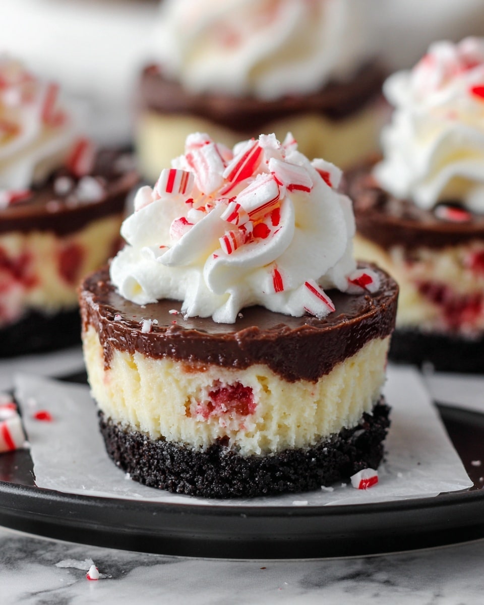 A close-up of a mini cheesecake showing four layers: a dark crumbly cookie crust at the bottom, a creamy white cheesecake layer with red berry bits mixed inside, a smooth dark chocolate ganache layer above it, and a fluffy white whipped cream dollop on top sprinkled with crushed red and white peppermint candy pieces. The cheesecake is on white parchment paper on a black plate, with small peppermint pieces scattered around. The background is a white marbled texture with blurred mini cheesecakes in the distance. photo taken with an iphone --ar 4:5 --v 7