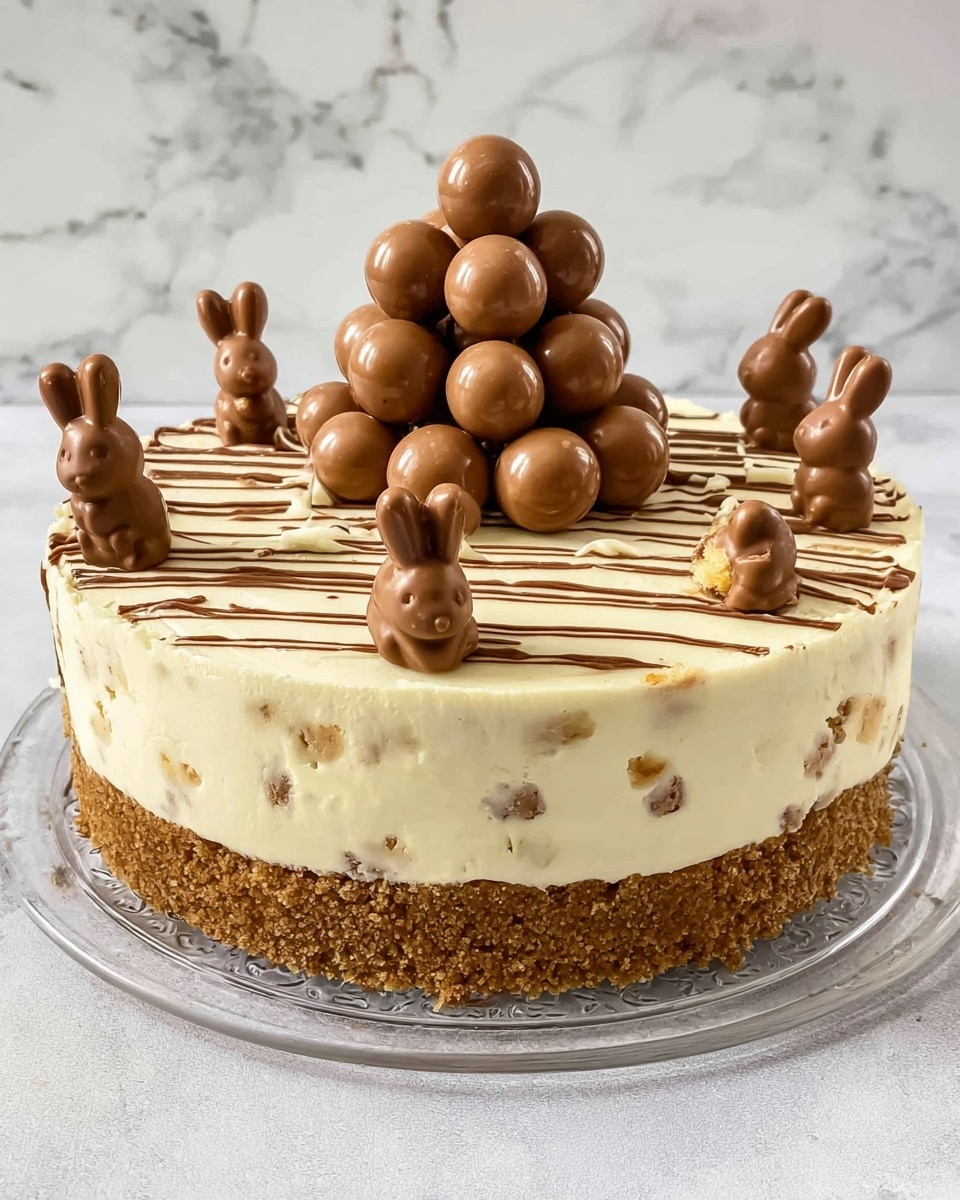 A round three-layer cake with a bottom layer of light brown crumbly crust, followed by a thick middle layer of creamy off-white with small brown specks inside. The cake is covered with smooth pale cream frosting, decorated with vertical and horizontal thin drizzles of chocolate on top and sides. Three milk chocolate bunny-shaped candies are evenly spaced around the base. A pyramid-shaped pile of round milk chocolate balls sits on the center of the cake top, with a few extra chocolate balls scattered in front. The cake is on a clear glass plate placed on a white marbled surface. photo taken with an iphone --ar 4:5 --v 7