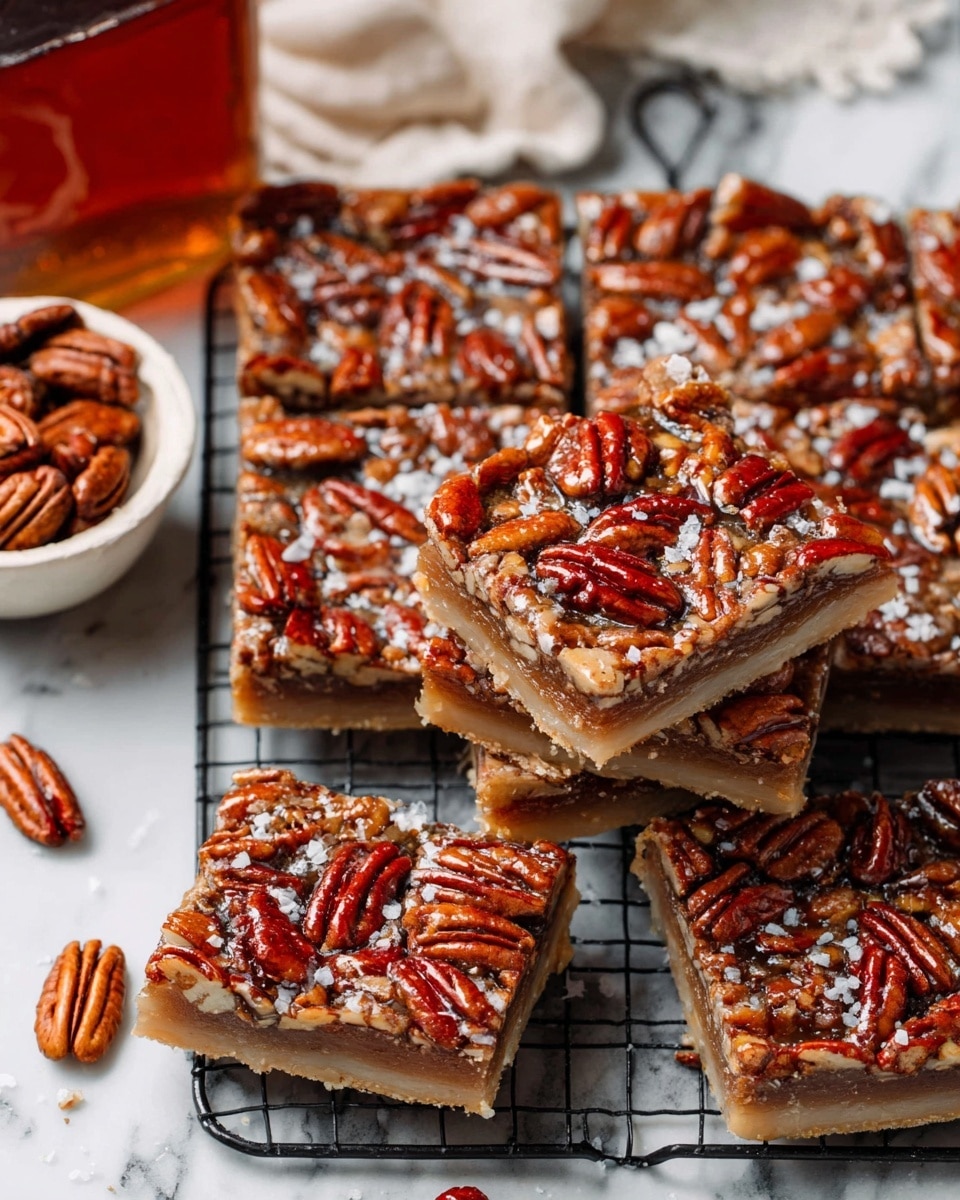 The image shows several square pecan bars stacked on a black metal cooling rack placed on a white marbled surface. Each bar has two layers: a light, soft, beige base layer and a glossy, caramel-colored top layer packed with whole and halved shiny brown pecans. The pecans are unevenly spread but cover the surface well, with bits of sea salt sprinkled over for texture. To the left, there is a small white bowl filled with whole pecans, and a bottle with dark amber liquid is partially visible in the top left corner. photo taken with an iphone --ar 4:5 --v 7