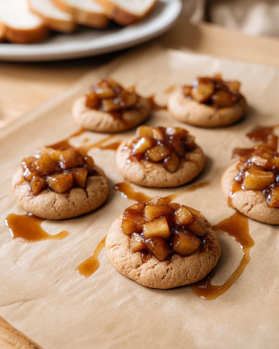 Seven small round cookies each made of a light brown dough base with a slightly cracked crust, topped with a chunky layer of glossy caramelized apple pieces in the center, sitting on slightly wrinkled beige parchment paper on a light wood surface. The apple topping is dark golden with a sticky texture and there is a drizzle of caramel sauce around the cookies on the parchment. In the background, a white plate with sliced light bread sits blurred out near the top edge. Photo taken with an iphone --ar 4:5 --v 7