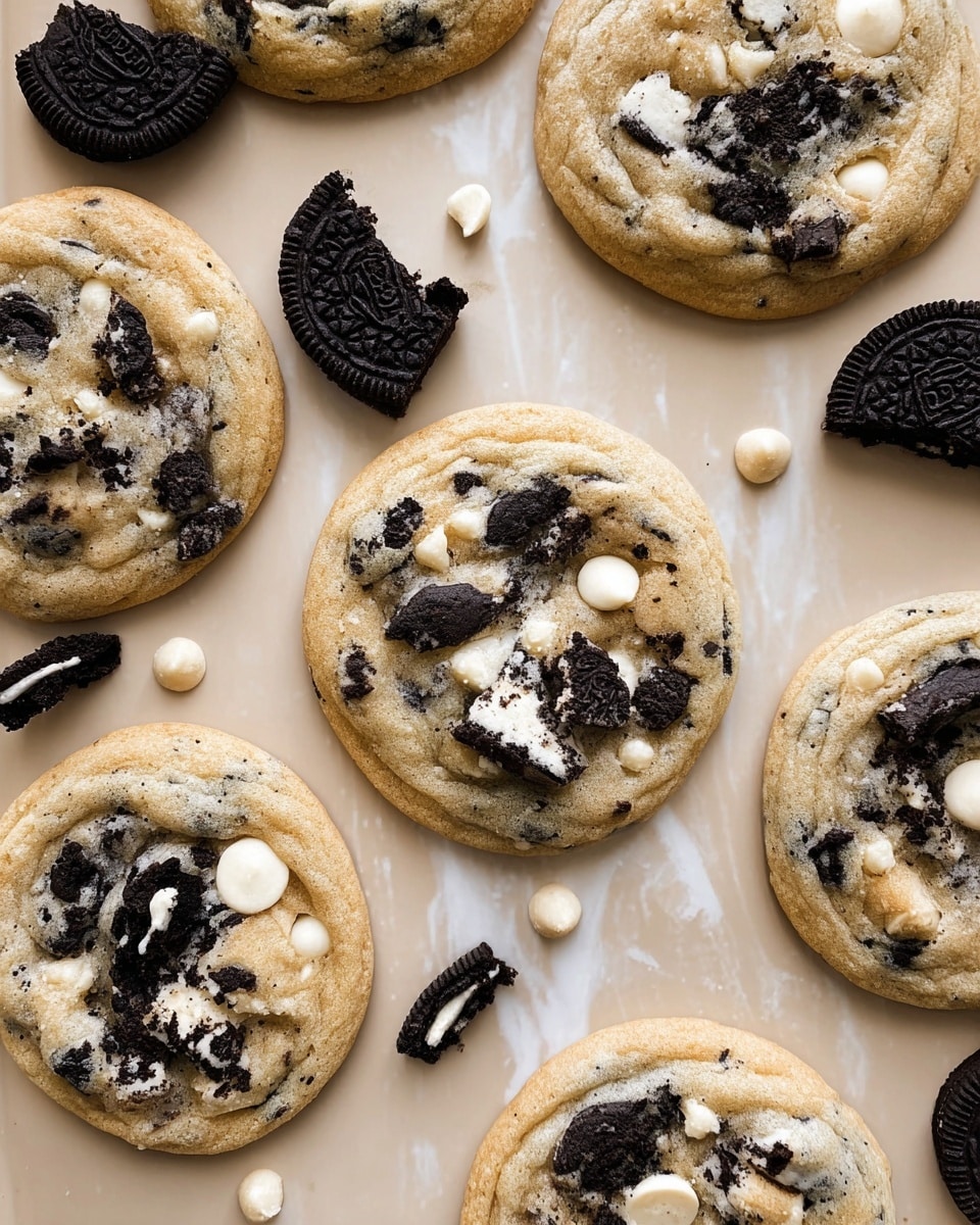The image shows soft, round cookies with a light golden base mixed with dark and white chocolate chips and pieces of dark Oreo cookies scattered throughout. Each cookie has a slightly crinkled texture on top, with chunks of Oreo cookies embedded in the dough, some showing the white cream inside. Around the cookies are whole and broken Oreo cookies, black with white cream in the middle, placed on a white marbled texture. Small white chocolate drops are also scattered around the scene, creating a casual, inviting look. photo taken with an iphone --ar 4:5 --v 7