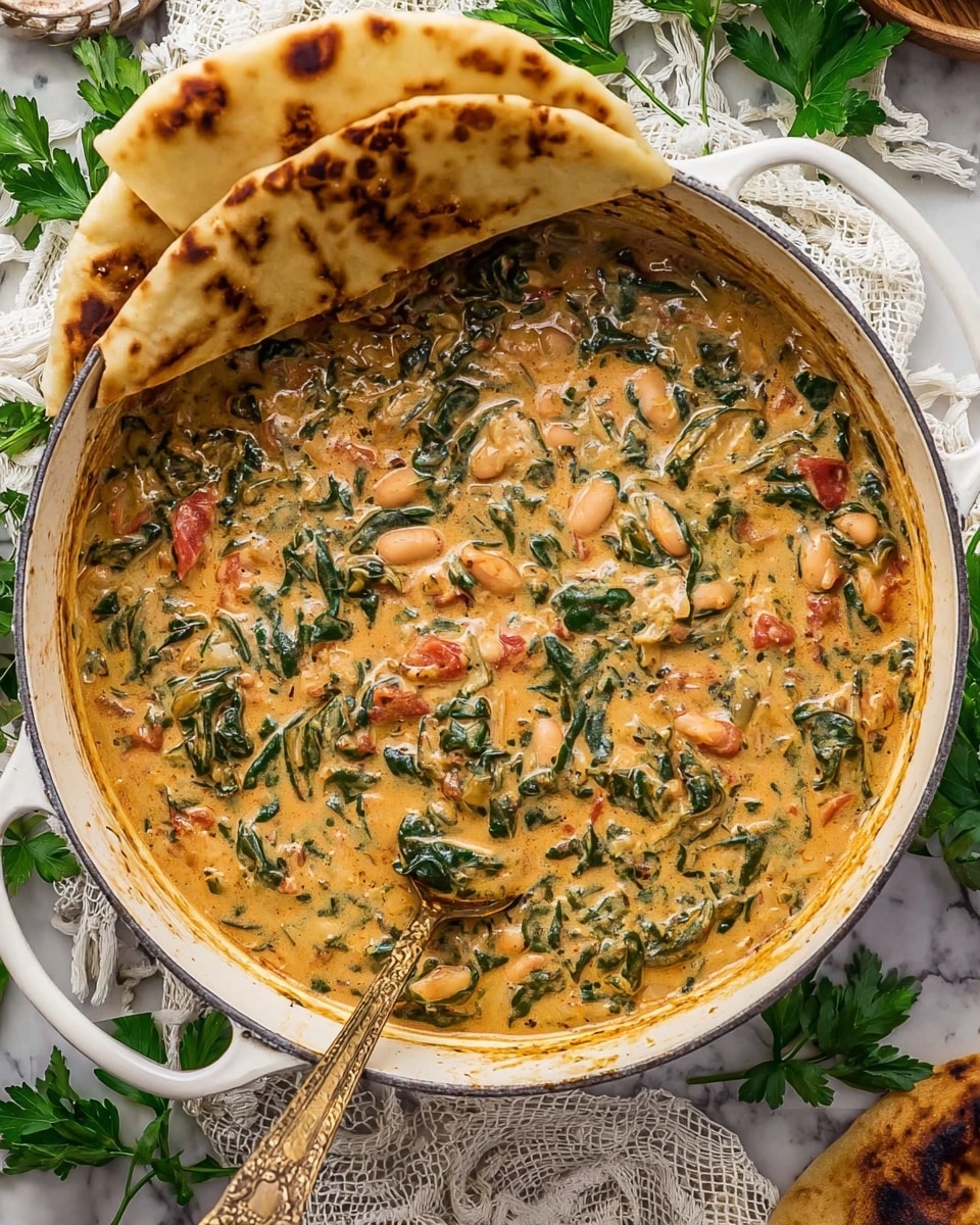 A close-up image of a skillet filled with a creamy, thick dish that has a mix of green leafy vegetables, small pieces of light yellow beans, and orange bits scattered throughout. The surface looks rich and textured with herbs and spices spread evenly. In the background, pieces of flatbread rest on the edge of the skillet. The skillet is placed on a white marbled surface. photo taken with an iphone --ar 4:5 --v 7