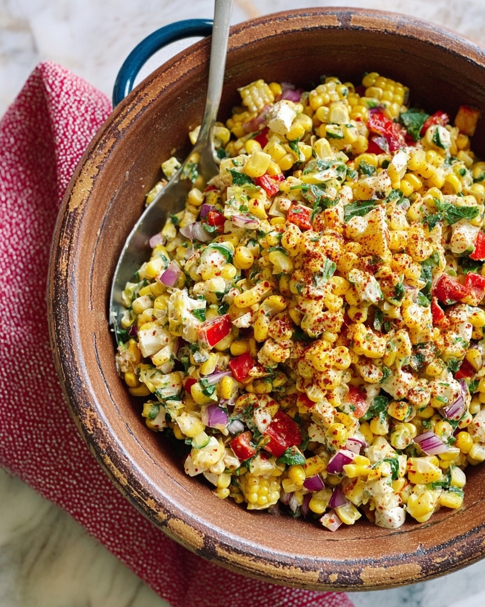 A close-up view of a colorful corn salad served in a large rustic brown bowl with a blue handle, placed on a white marbled surface with a red and white cloth napkin nearby. The salad consists of multiple layers of yellow corn kernels, chopped green herbs, red bell pepper pieces, small bits of red onion, and creamy white cheese chunks, all mixed thoroughly and lightly sprinkled with red chili powder. A silver spoon rests inside the bowl, ready to serve. photo taken with an iphone --ar 4:5 --v 7