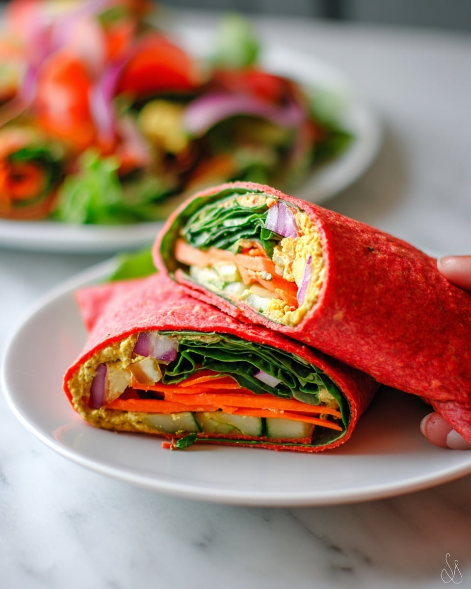 The image shows a wrap cut into two pieces on a white plate, placed on a white marbled background. The wrap has a bright red outer layer that looks soft and slightly textured. Inside, layers include fresh green leaves, thin slices of orange carrots, small chunks of creamy filling that is light yellow with some bits in orange and purple, and small pieces of red onion. In the background, more wraps with similar fillings can be seen out of focus. There is a woman's hand holding one piece of the wrap. Photo taken with an iphone --ar 4:5 --v 7