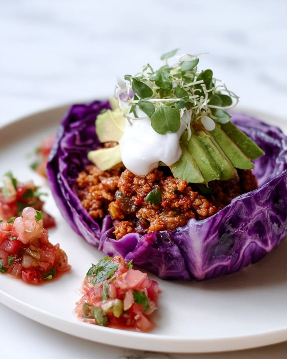The image shows a single large, deep purple cabbage leaf placed like a bowl on a white plate with a white marbled background. Inside the leaf, there are three main layers: at the bottom, a crumbly, cooked ground meat mix with a reddish-brown color; above that, slices of light green avocado and a dollop of white sour cream; and on top, fresh green sprouts and herbs for garnish. To the sides of the cabbage leaf, there are two small piles of chunky salsa with red tomato pieces and green herbs. The food looks fresh and colorful, with a mix of soft, crumbly, and creamy textures. photo taken with an iphone --ar 4:5 --v 7