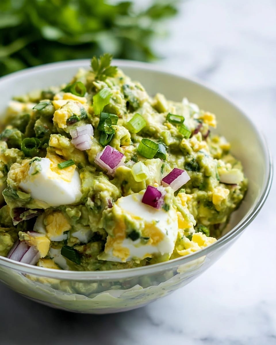 The image shows a white bowl filled with chunky guacamole mixed with small pieces of boiled egg, visible by the white and yellow bits scattered throughout. The guacamole is light green with a creamy texture, and there are small cubes of red onion adding purple pops around the bowl. Green herbs like chopped cilantro and green onions are sprinkled on top, giving it a fresh look. The bowl rests on a surface with a white marbled texture, and there is a blurred green leafy background behind it. photo taken with an iphone --ar 4:5 --v 7