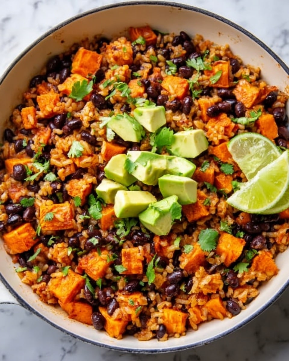 A white pan filled with a colorful mix of cooked rice, black beans, orange sweet potato cubes, and small green cilantro leaves scattered on top. There are chunks of light green avocado placed evenly around the dish, with a bright green lime wedge sitting near the edge of the pan. The ingredients show different textures: soft rice and beans, smooth avocado, and tender sweet potatoes, all set against a white marbled surface. Photo taken with an iphone --ar 4:5 --v 7