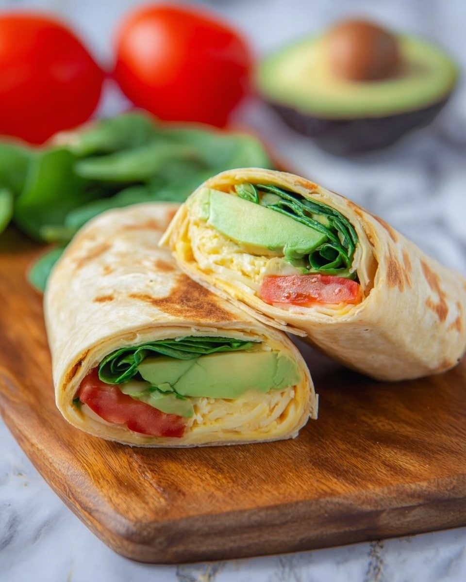 The image shows a close-up of two halves of a wrap sandwich placed on a wooden board. The wrap has two layers of a light golden flatbread with slight browning on the outside. Inside, the layers include shredded pale yellow and white cheese at the bottom, followed by a slice of red tomato. Above the tomato, there are slices of light green avocado and fresh dark green leafy spinach. The wrap is cut cleanly to show the colorful inside ingredients clearly. In the background, there are out-of-focus whole red tomatoes and an avocado half, all set against a white marbled surface. photo taken with an iphone --ar 4:5 --v 7