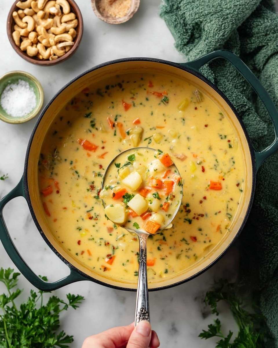 A large pot with a creamy yellow soup showing a mix of small diced vegetables including orange carrots, white potatoes, and green herbs, creating a colorful and textured look. A ladle filled with the same soup is lifted above the pot, held by a woman's hand, allowing a closer view of the chunky vegetable pieces in the creamy liquid. The pot is set on a white marbled surface, with a small bowl of cashews and a tiny dish of salt in the background, along with a green cloth and some fresh parsley leaves around the edges. photo taken with an iphone --ar 4:5 --v 7