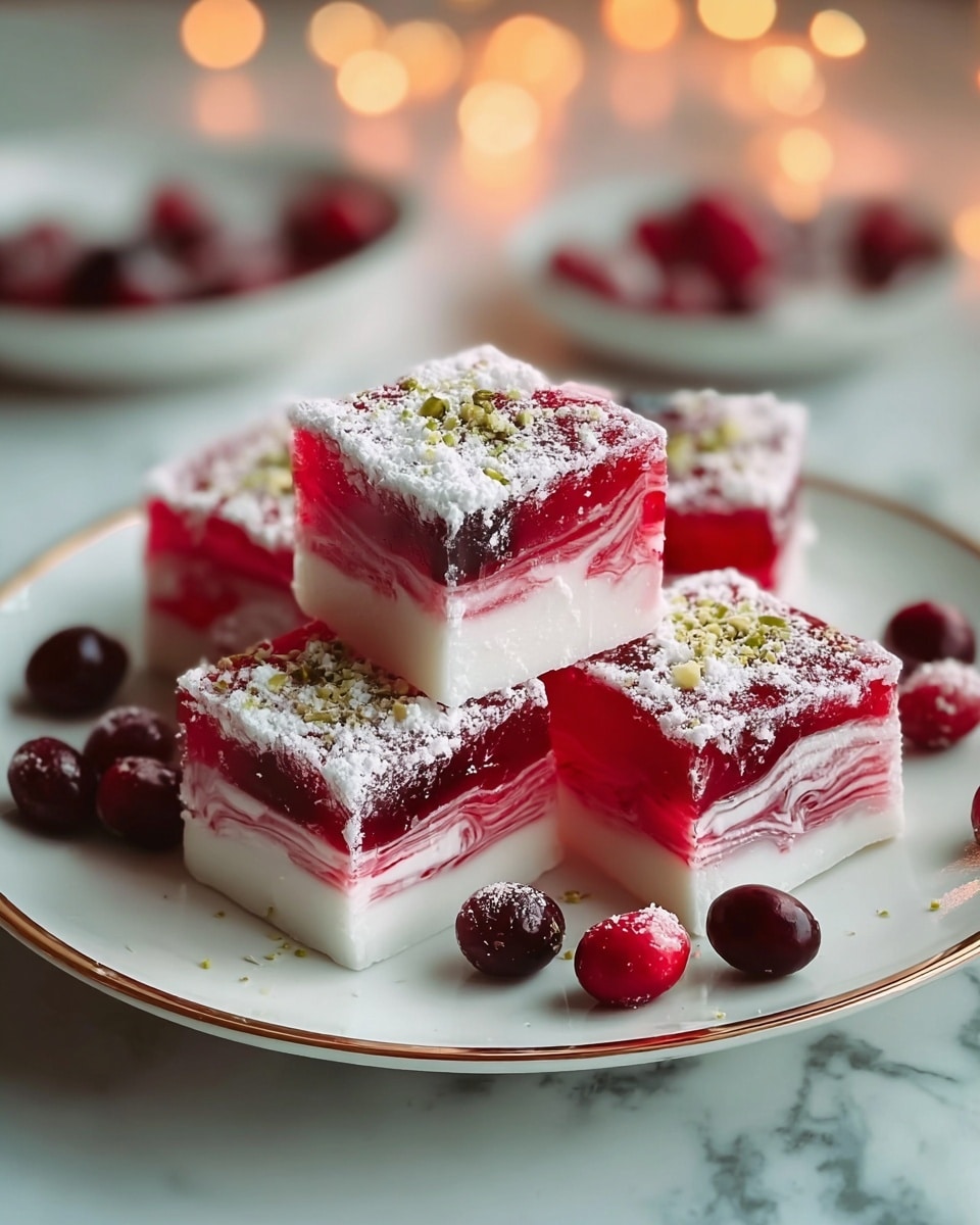 The image shows a white plate with a gold rim holding six layered jelly squares, each with three distinct layers: the bottom is white and smooth, the middle is a marbled mix of white and red swirls, and the top is a clear, deep red jelly dusted with white powdered sugar and small green nut sprinkles. Around the jelly squares, there are scattered dark red cranberries adding contrast. The plate sits on a white marbled textured surface with soft warm lights blurred in the background, creating a cozy feel. Photo taken with an iphone --ar 4:5 --v 7