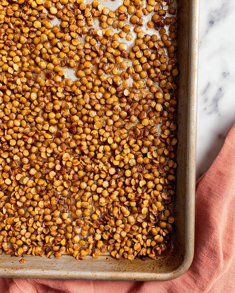 A close-up view of a metal baking tray filled with evenly spread roasted lentils, golden brown and slightly crispy with some shiny spots indicating oil. The tray sits on a white marbled surface with a soft coral-colored cloth partially visible at the bottom right corner. The lentils cover the entire flat area of the tray in a single layer, showing a mix of light and dark brown colors with a crunchy texture. Photo taken with an iphone --ar 4:5 --v 7