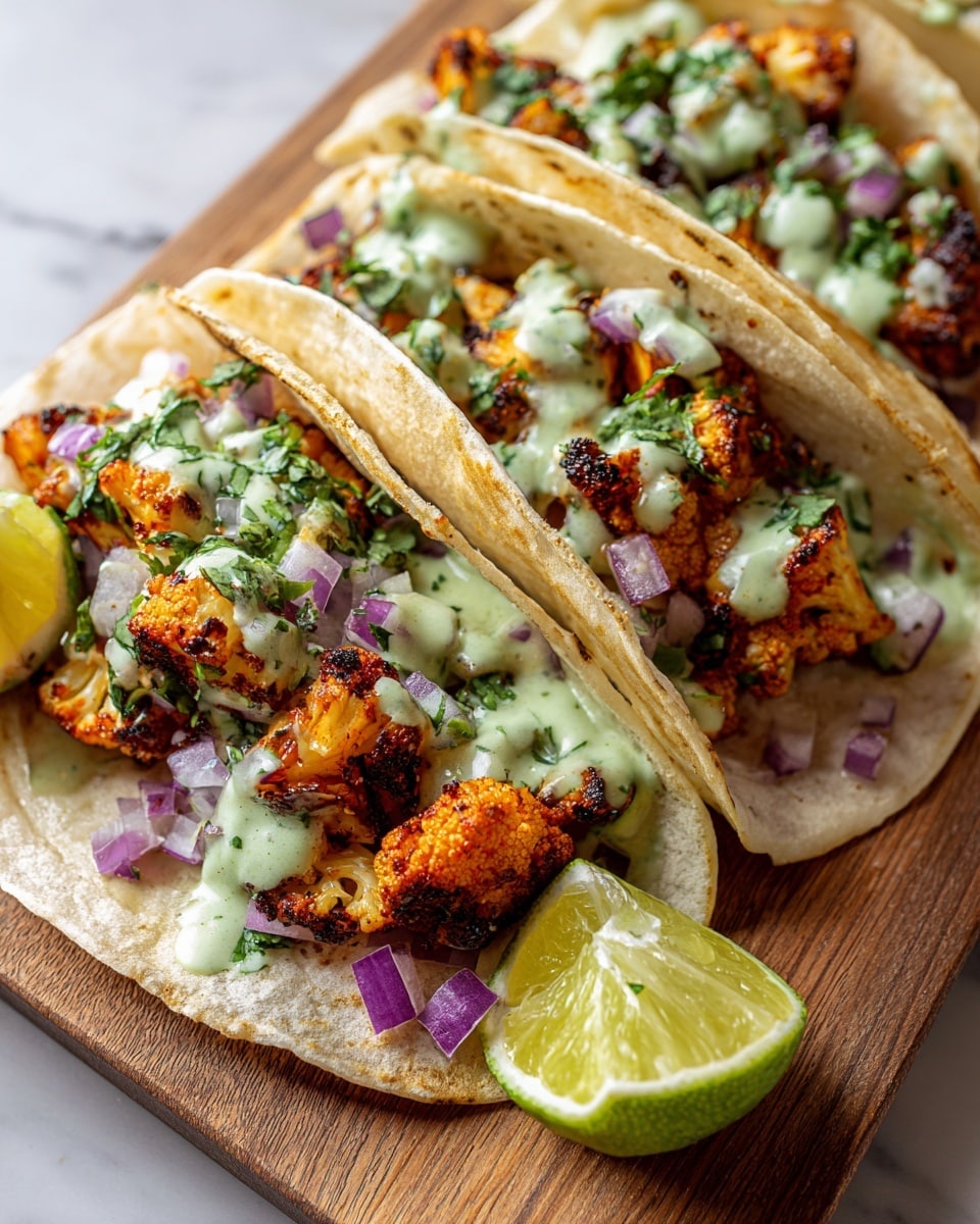 Three tacos sit on a wooden board over a white marbled surface. Each taco has a soft, light beige, slightly toasted tortilla folded in half. Inside, the first layer is diced red onions, adding a purple color and crisp texture at the bottom. The second layer is bright green pieces of cilantro mixed with tender, charred orange-brown roasted cauliflower florets, giving a slightly crispy and smoky look. On top, there is a creamy, light green sauce drizzled over the cauliflower, with small herb bits visible, adding freshness. A halved lime with light green flesh rests next to the tacos. photo taken with an iphone --ar 4:5 --v 7
