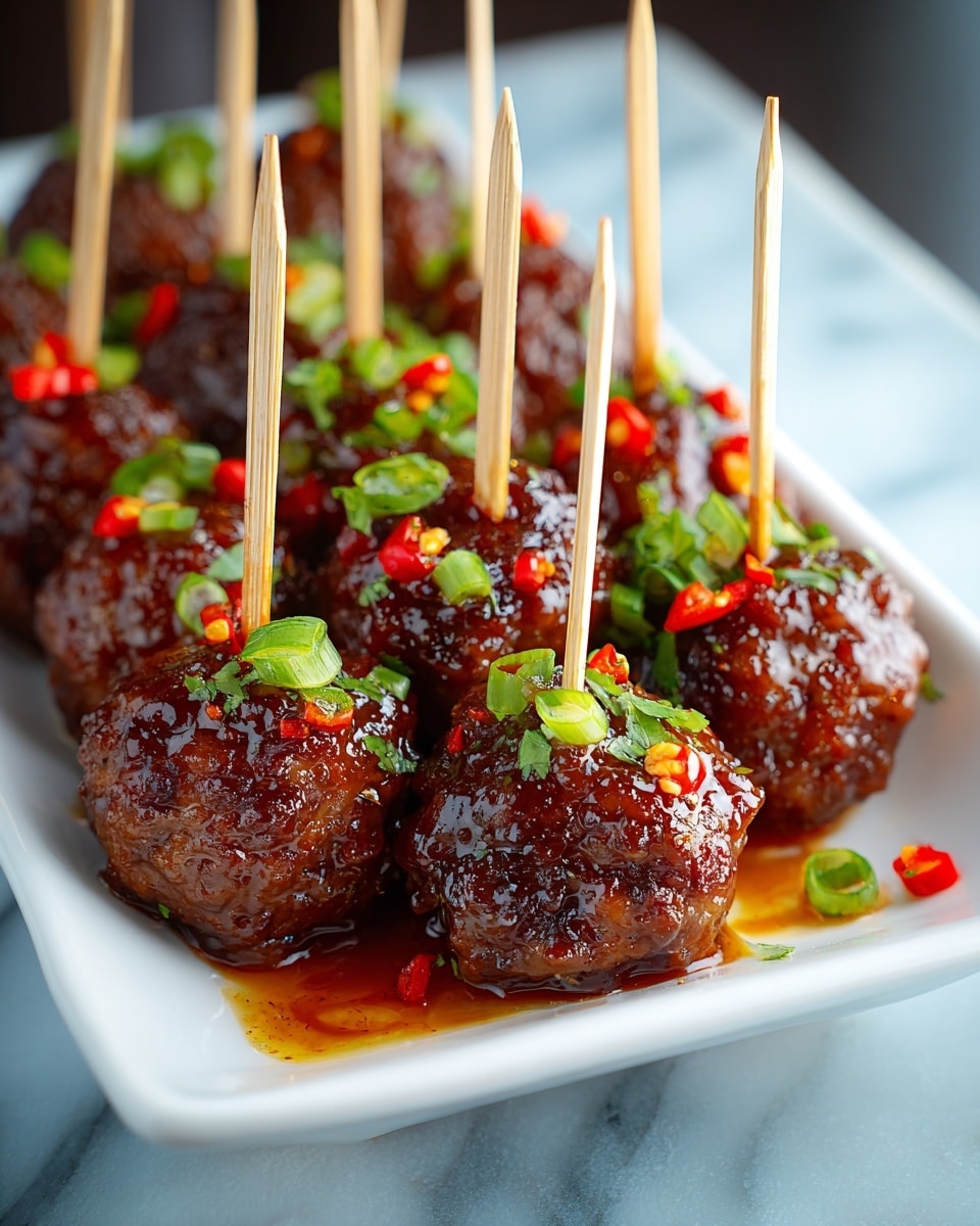 A white rectangular plate holds a pile of glossy dark brown meatballs coated in a sticky sauce. Each meatball is pierced with a wooden skewer standing upright. The meatballs are topped with small, bright green chopped herbs and scattered red chili pieces, adding fresh color contrast. The sauce pools slightly on the white plate, showing a shiny texture. The background features a white marbled surface that softly blurs away, making the food stand out sharply. photo taken with an iphone --ar 4:5 --v 7