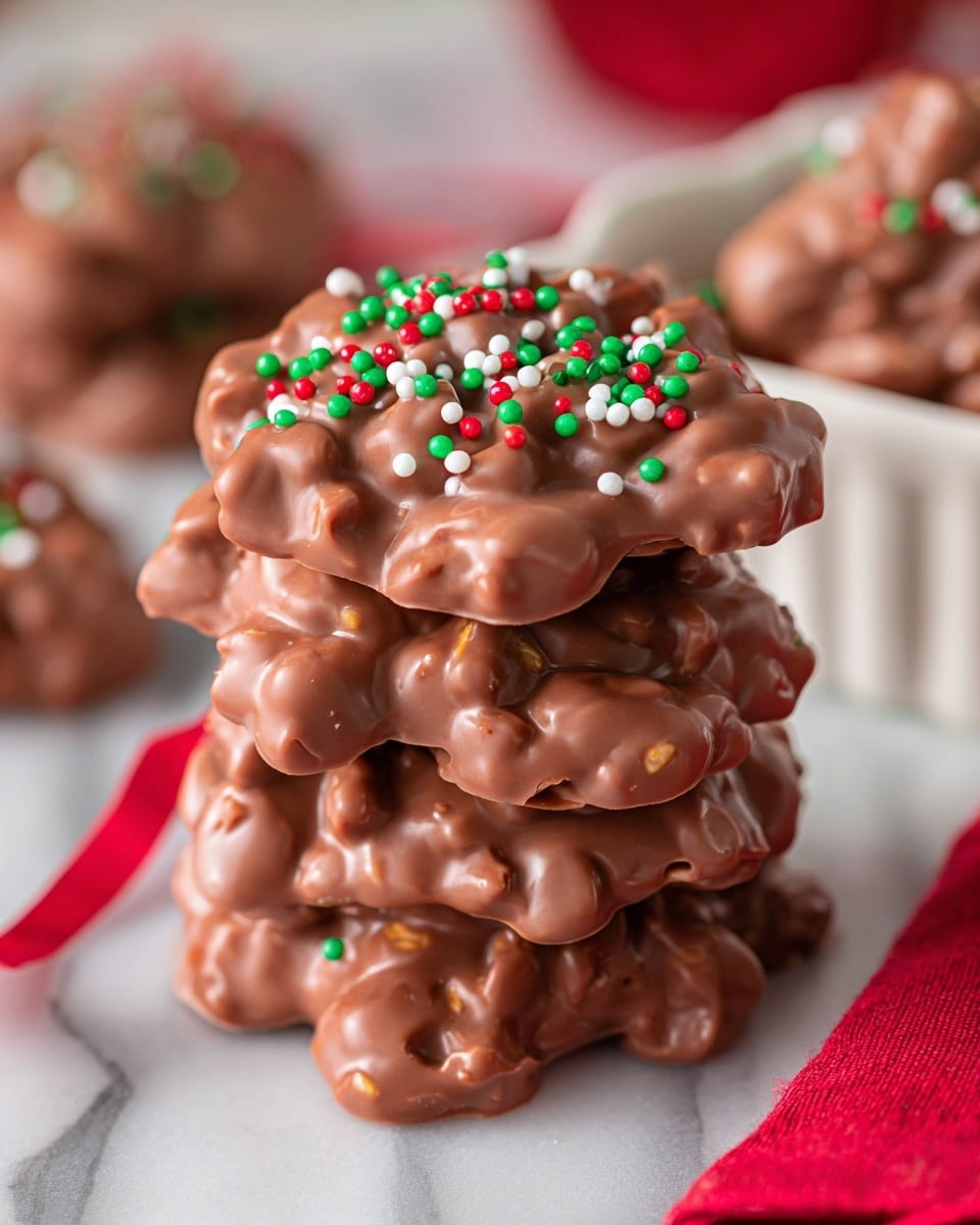 A stack of four unevenly shaped milk chocolate clusters sits in the center, each cluster showing rich, smooth chocolate with nutty bumps under the surface. The top cluster is decorated with small green, red, and white round sprinkles that add a festive touch. The background includes out-of-focus similar chocolate clusters, with a white marbled texture underneath. A red ribbon is partially visible in the lower left corner, and a white dish with a red cloth peeks in from the right side. Photo taken with an iphone --ar 4:5 --v 7