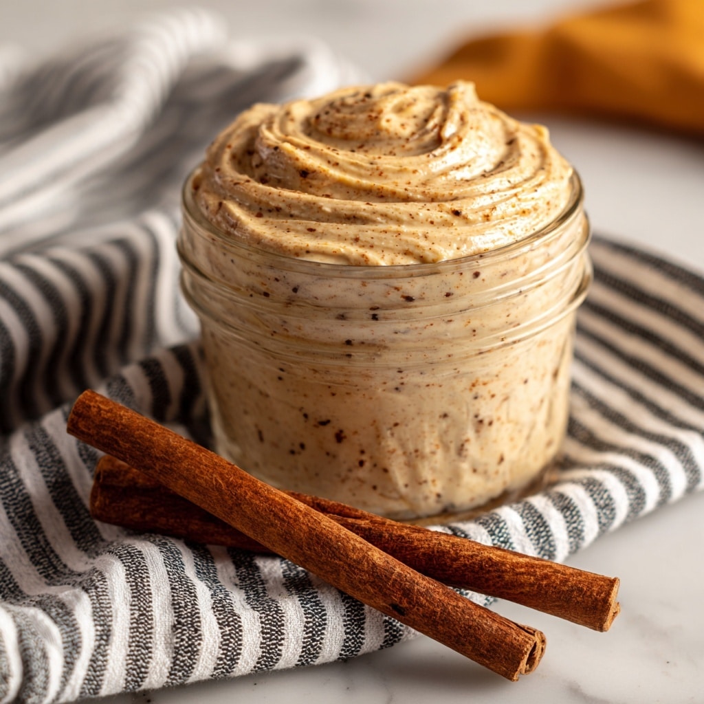 The image shows a small clear glass jar filled with a creamy light brown spread that has small dark specks in it, whipped in soft swirls on top. The jar sits on a black and white striped cloth, with a piece of cinnamon stick lying nearby on the cloth to the left. In the background, there is a white plate with sliced bread and a glass container filled with honey, all placed on a white marbled surface. The colors are warm and inviting with soft natural light. Photo taken with an iphone --ar 4:5 --v 7