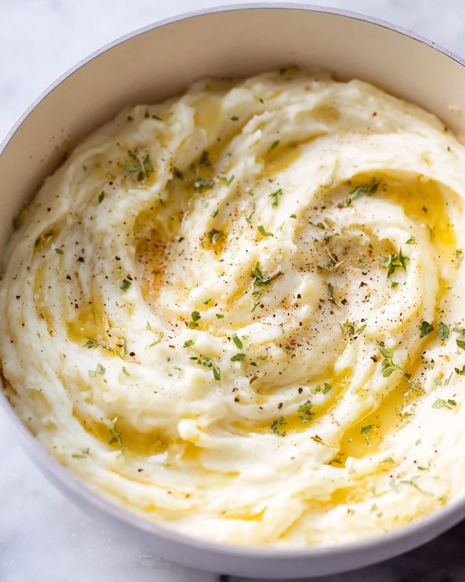 A close-up image of a white bowl containing creamy mashed potatoes with a smooth, swirled texture showing soft peaks. The mashed potatoes have a light golden yellow drizzle of melted butter pooling in some grooves. Small green flakes of herbs and a sprinkle of black pepper are scattered on top, giving a touch of color contrast. The bowl is placed on a white marbled surface, emphasizing the creamy and inviting look of the potatoes. photo taken with an iphone --ar 4:5 --v 7