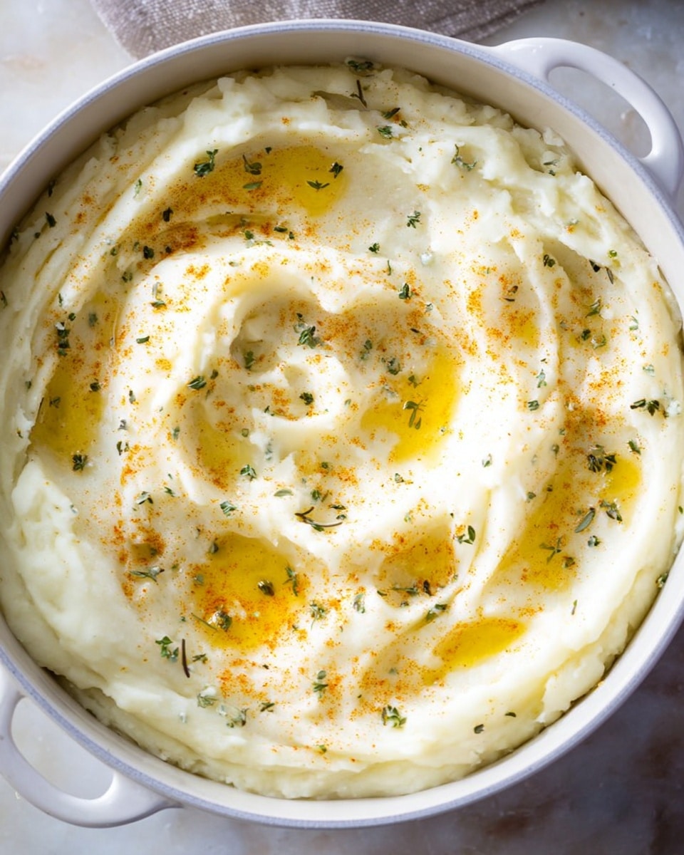 A close-up of a bowl filled with creamy mashed potatoes, showing smooth and soft texture with gentle swirls and peaks. The potato mash is a pale white color, topped with spots of melted golden butter in three places, sprinkled lightly with small green herb flakes and a dusting of orange-red seasoning scattered unevenly over the surface. The bowl is white with two small handles on each side, placed on a surface with a white marbled texture. photo taken with an iphone --ar 4:5 --v 7