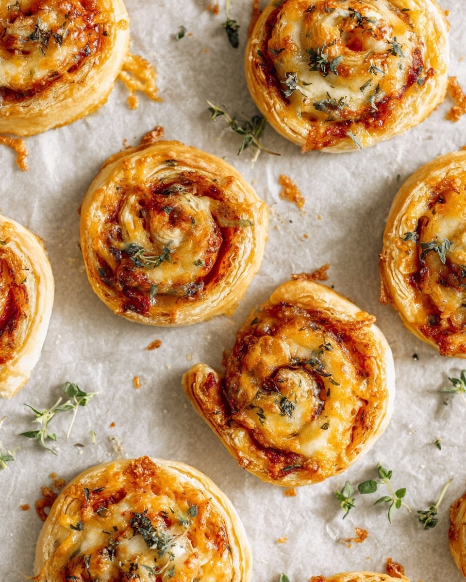 A close-up view of a single golden-brown pastry swirl resting on lightly crinkled white parchment paper on a white marbled surface, with visible layers including a flaky, crispy outer crust and melted cheese with herbs embedded in the spiraled pattern. Small pieces of fresh green herbs are scattered inside the folds and over the top of the cheese, adding a pop of color contrasting the warm tones of the pastry. Around the central pastry are parts of other pastries, maintaining the focus on the main one in the middle, showing subtle texture from the melted cheese bubbling during baking. photo taken with an iphone --ar 4:5 --v 7