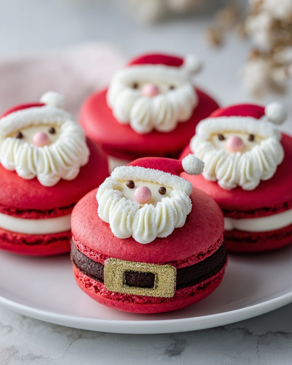 A white plate holds four bright red macarons with three visible layers each: two smooth red cookie layers sandwiching a thick white cream filling. Each macaron shows piped white cream on top shaped like Santa's beard and mustache with a small pink dot in the center as the nose, while two tiny dark dots represent eyes. One macaron at the front also features a dark brown horizontal strip with a textured golden square buckle resembling a Santa belt. The plate sits on a white marbled texture with a blurred soft background. Photo taken with an iphone --ar 4:5 --v 7
