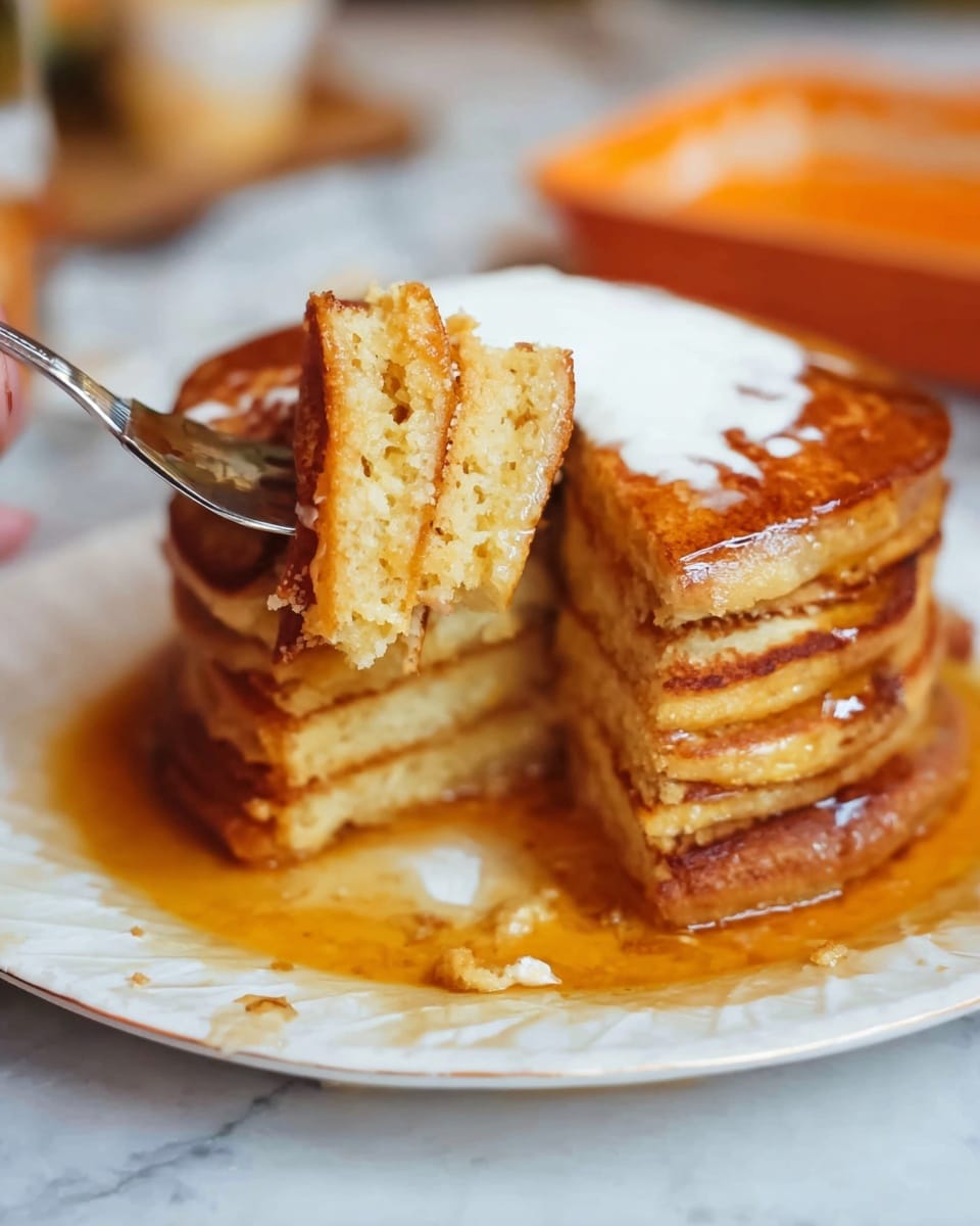 A stack of five thick pancakes with a golden brown, slightly crispy outer layer sits on a white plate, soaked in amber syrup that pools around the base. A cut-out section reveals the soft, fluffy light yellow inside of the pancakes. On top, white cream drips down one side, sprinkled lightly with small crumb bits. To the left, a gold fork with a white handle holds several cut squares of the pancakes. The background shows a blurred white marbled texture surface with out-of-focus small dishes containing sauces or toppings. Photo taken with an iphone --ar 4:5 --v 7