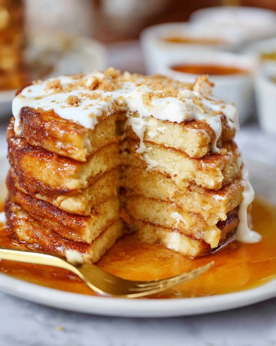 A close-up view of a stack of four thick golden-brown pancakes with a moist, slightly crumbly texture, drenched in amber-colored syrup that pools on a white plate with subtle patterns. A dollop of white cream sits on the top pancake, slowly melting and dripping down the sides. To the left, a woman's hand holds a white fork piercing a cubed piece of the pancakes, capturing the soft and fluffy inside layers. The scene is set against a white marbled textured background with a blurred rectangular dish of orange sauce in the distance. photo taken with an iphone --ar 4:5 --v 7