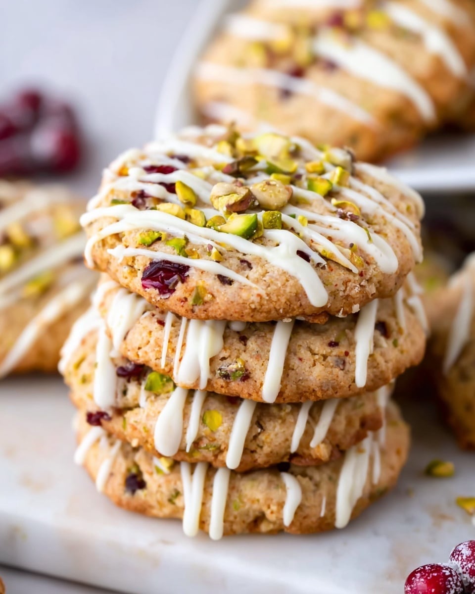 A close-up image of round cookies with a golden-brown base, showing a textured surface with bits of dark dried fruit embedded. Each cookie is decorated with a white icing drizzle on top, forming irregular crisscross lines, and sprinkled with chopped green pistachios. The cookies rest on a white marbled textured surface with scattered pieces of pistachios and white candy drops around them. Photo taken with an iphone --ar 4:5 --v 7