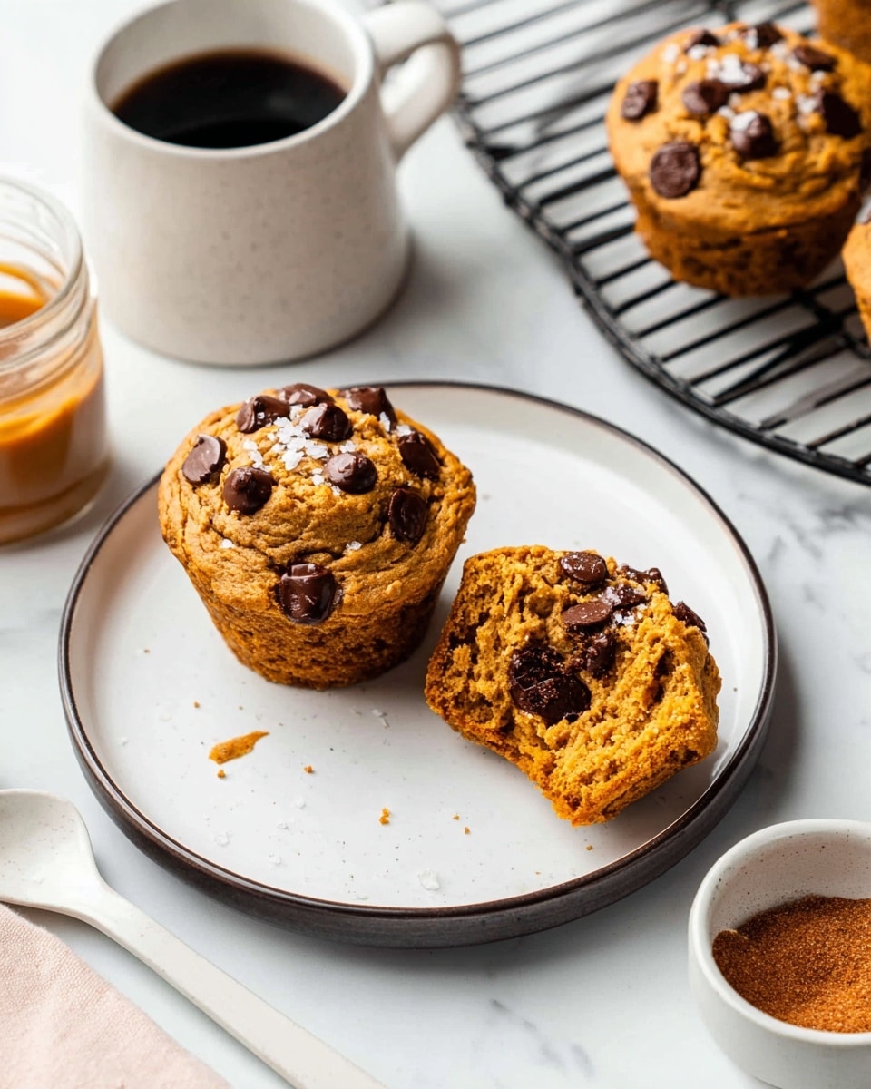 The image shows one whole and one broken chocolate chip muffin on a white plate with a thin dark rim. The muffins are golden brown with melted dark chocolate chips on top and inside the soft crumb. The broken muffin reveals a moist, dense texture with evenly spread chocolate chips, while the whole muffin exhibits a slightly cracked, textured surface sprinkled with sea salt flakes. The plate sits on a white marbled surface next to a black cooling rack holding more muffins. Surrounding items include a white cup filled with dark coffee, a small glass jar of creamy caramel sauce, and a white bowl filled with cinnamon powder and a white spoon. Photo taken with an iphone --ar 4:5 --v 7